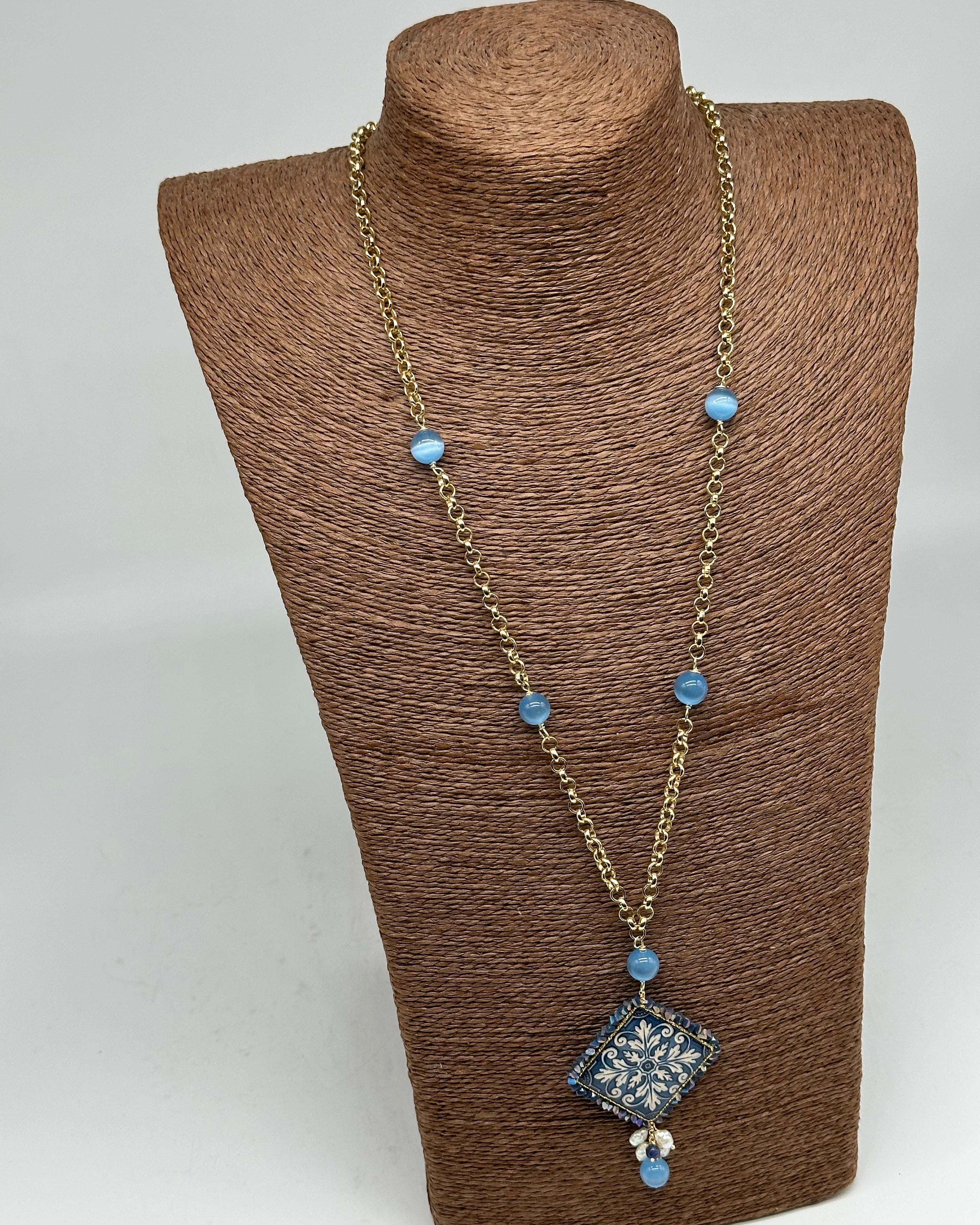 Collana Piastrella Ceramica di Caltagirone catena dorata con pietre V.3 - COLLANA