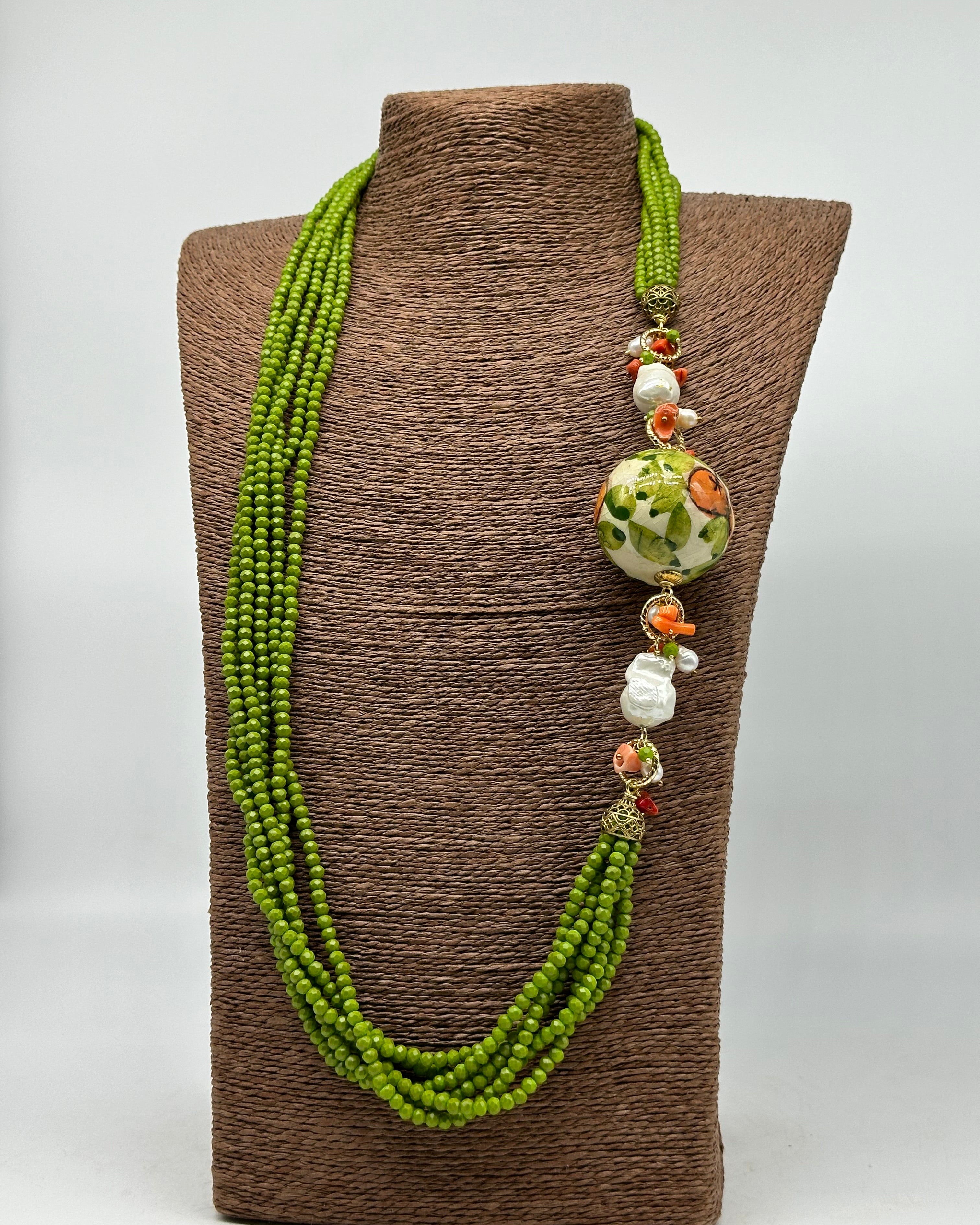 Collana Pietre Verde Sfera Decorata Ceramica di Caltagirone e Perle - COLLANA