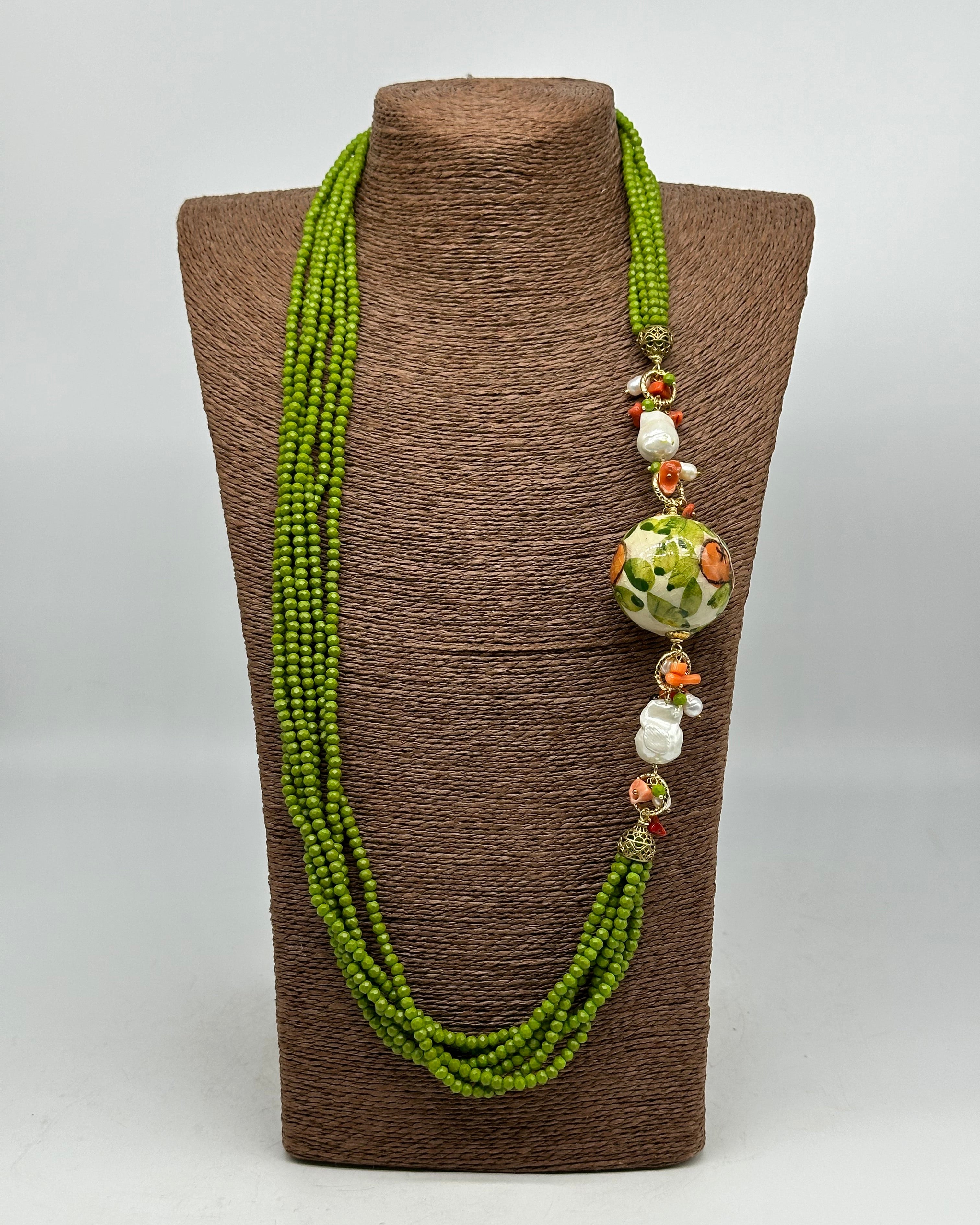 Collana Pietre Verde Sfera Decorata Ceramica di Caltagirone e Perle - COLLANA
