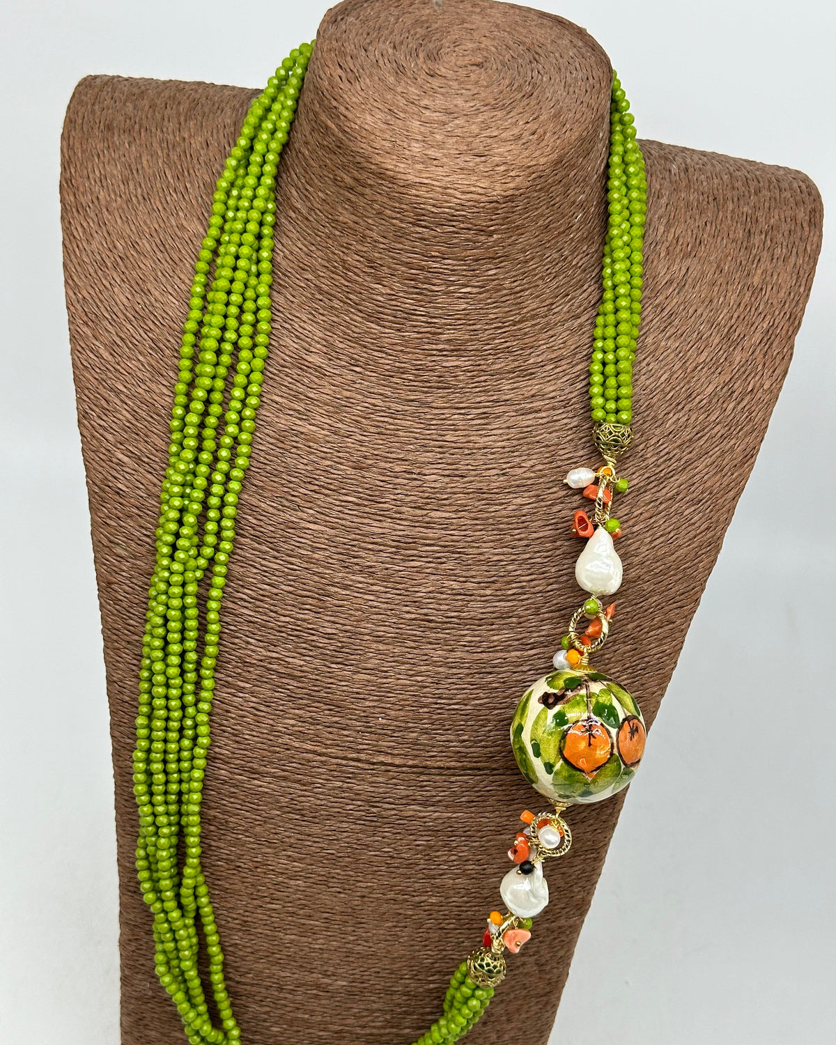 Collana Pietre Verde Sfera Decorata Ceramica di Caltagirone e Perle - COLLANA
