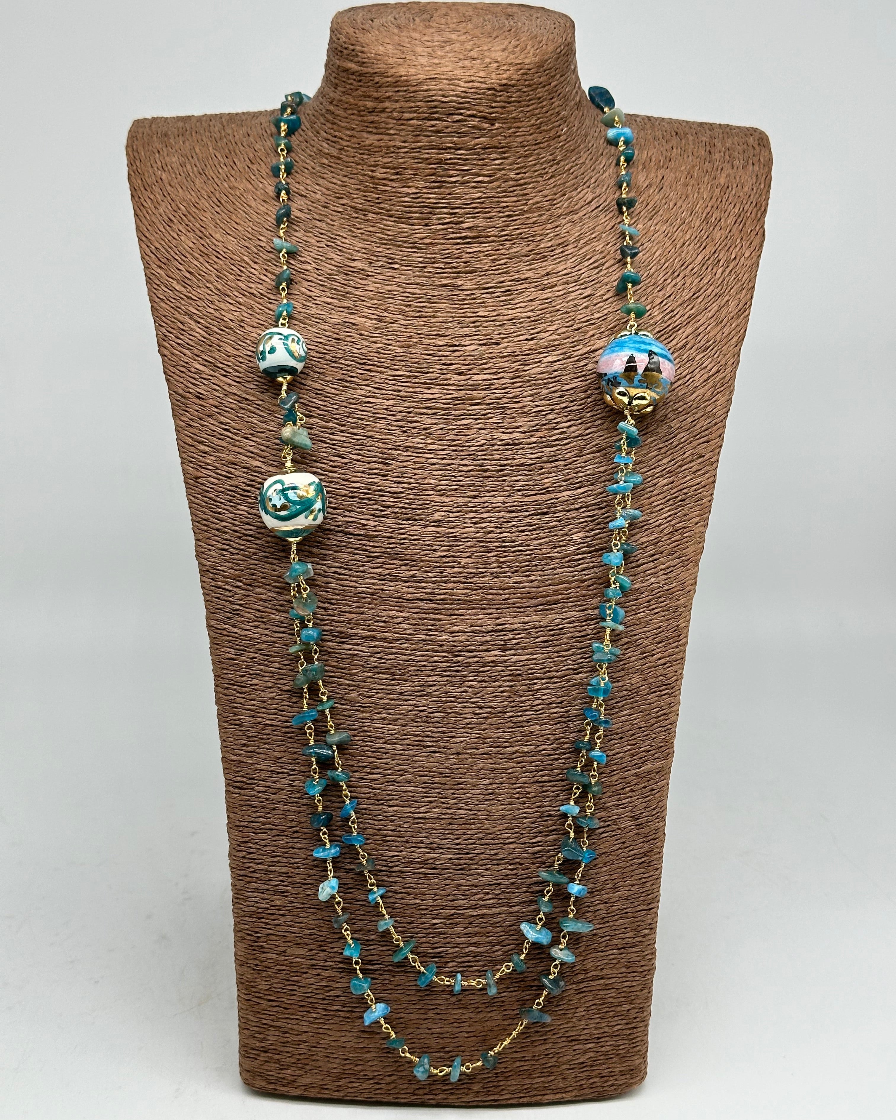 Collana Sfere decorate Pietre Verde marino Ceramica di Caltagirone - BIJOUX