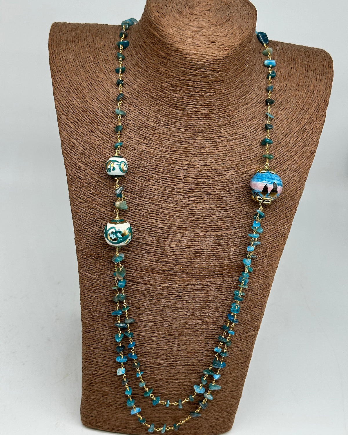 Collana Sfere decorate Pietre Verde marino Ceramica di Caltagirone - BIJOUX