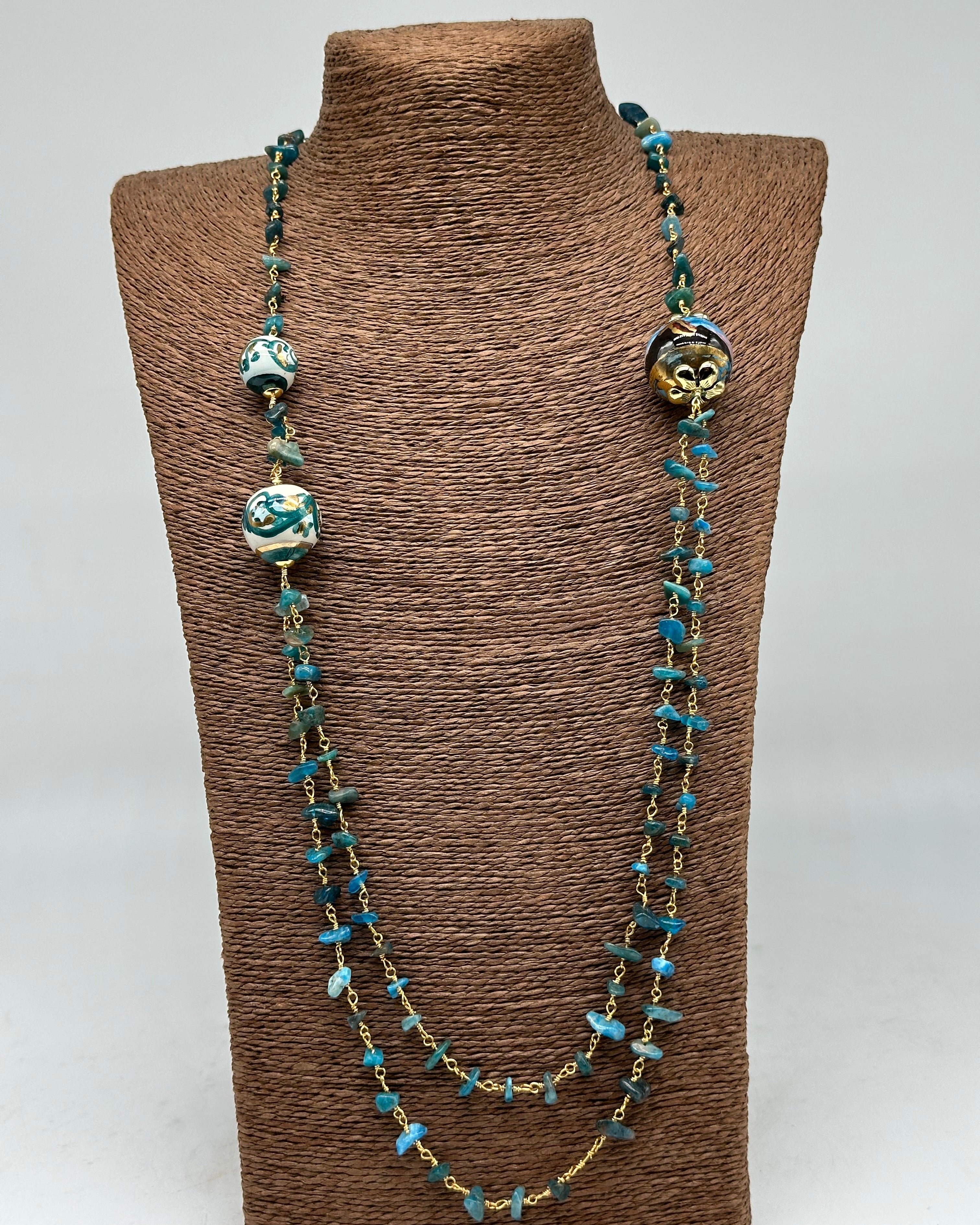 Collana Sfere decorate Pietre Verde marino Ceramica di Caltagirone - BIJOUX