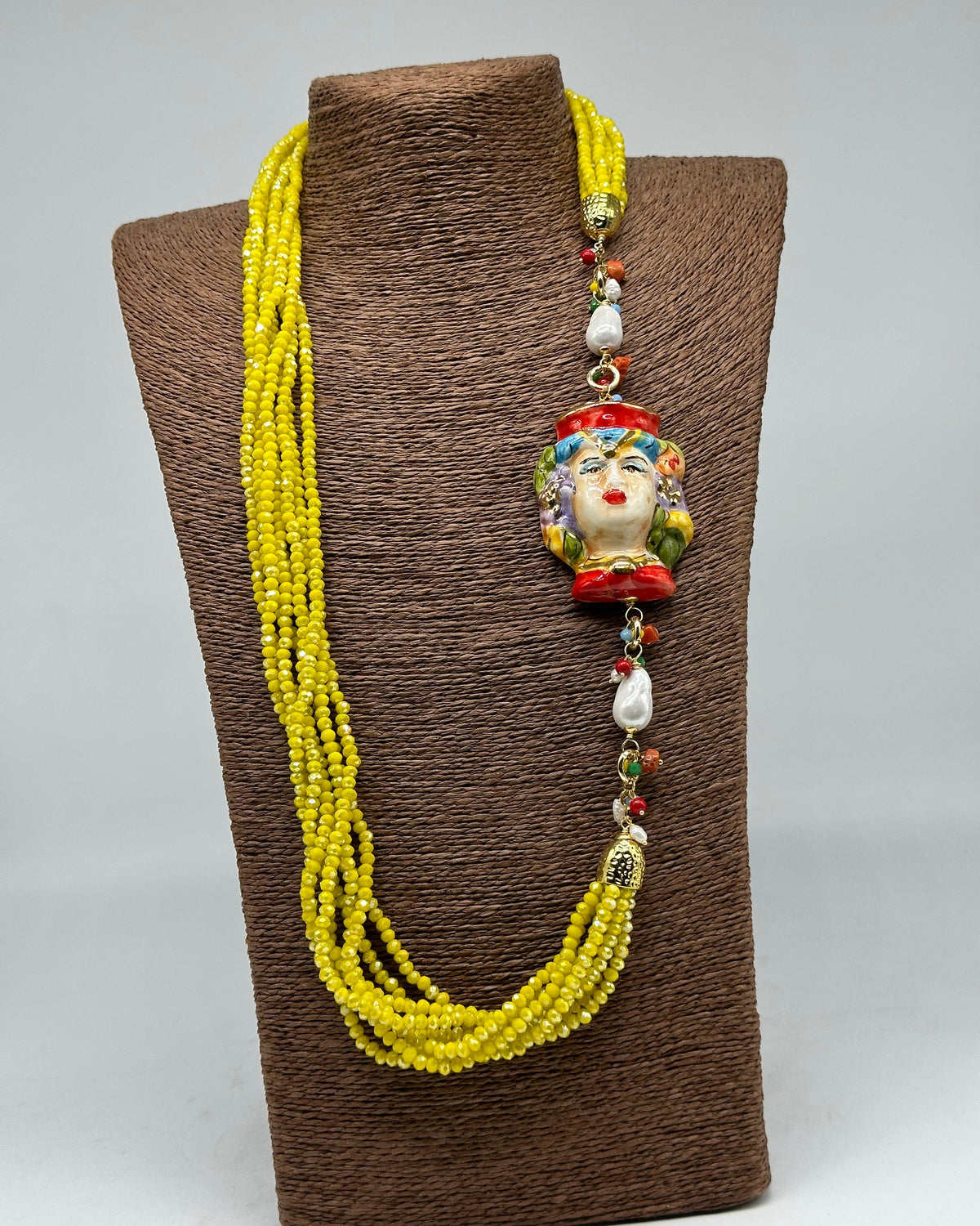 Collana Siciliana Testa di Moro Ceramica di Caltagirone Pietre Giallo V.2 - COLLANA