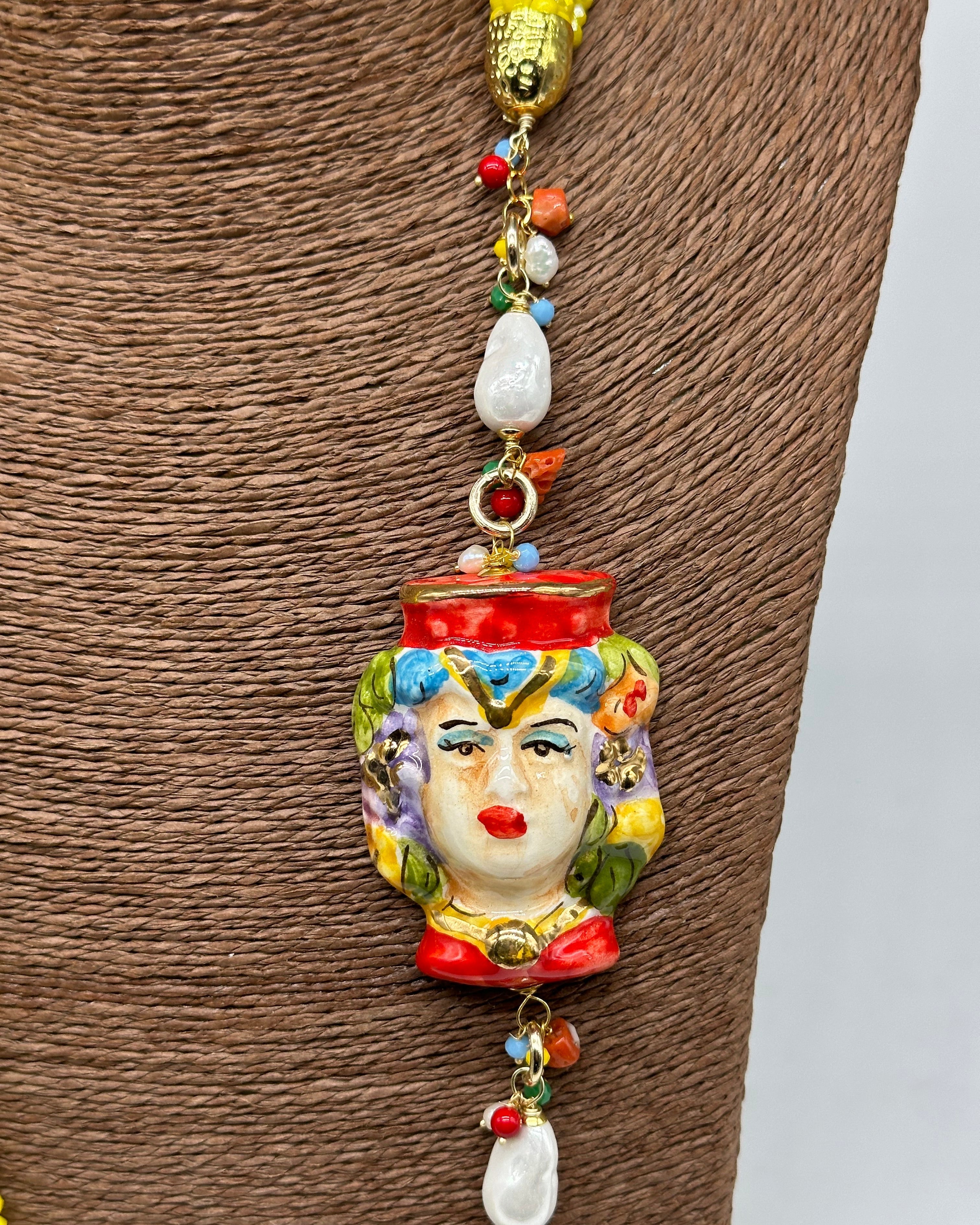 Collana Siciliana Testa di Moro Ceramica di Caltagirone Pietre Giallo V.2 - COLLANA