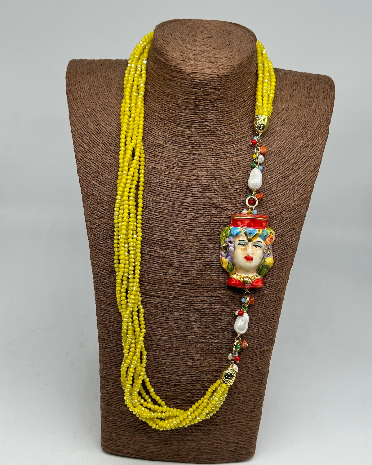 Collana Siciliana Testa di Moro Ceramica di Caltagirone Pietre Giallo V.2 - COLLANA