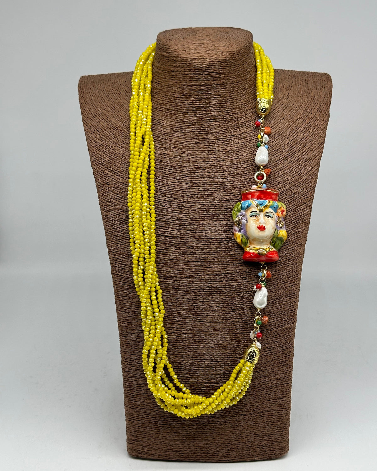 Collana Siciliana Testa di Moro Ceramica di Caltagirone Pietre Giallo V.2 - COLLANA