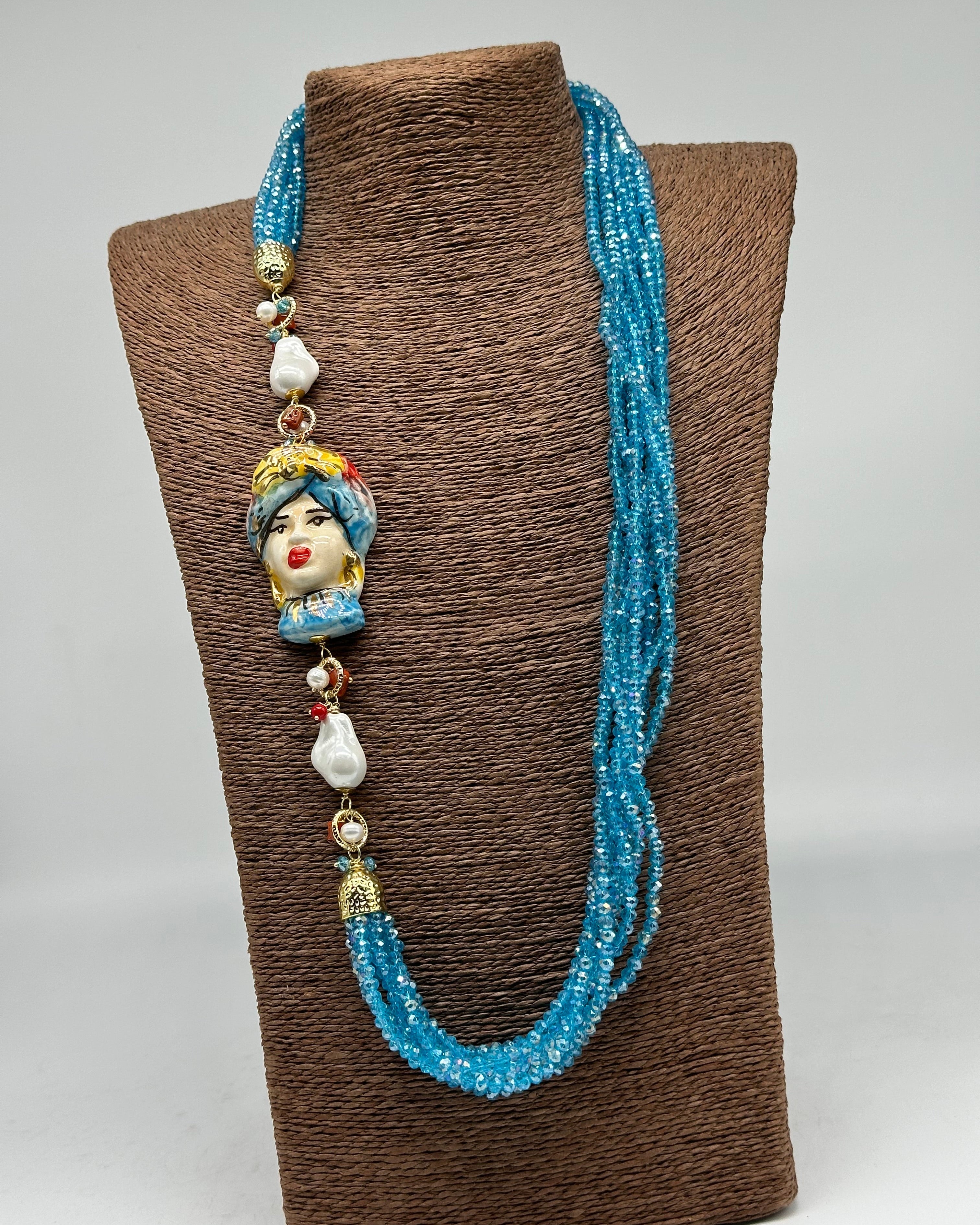 Collana Siciliana Testa di Moro Ceramica di Caltagirone Pietre Celeste V.2 - COLLANA
