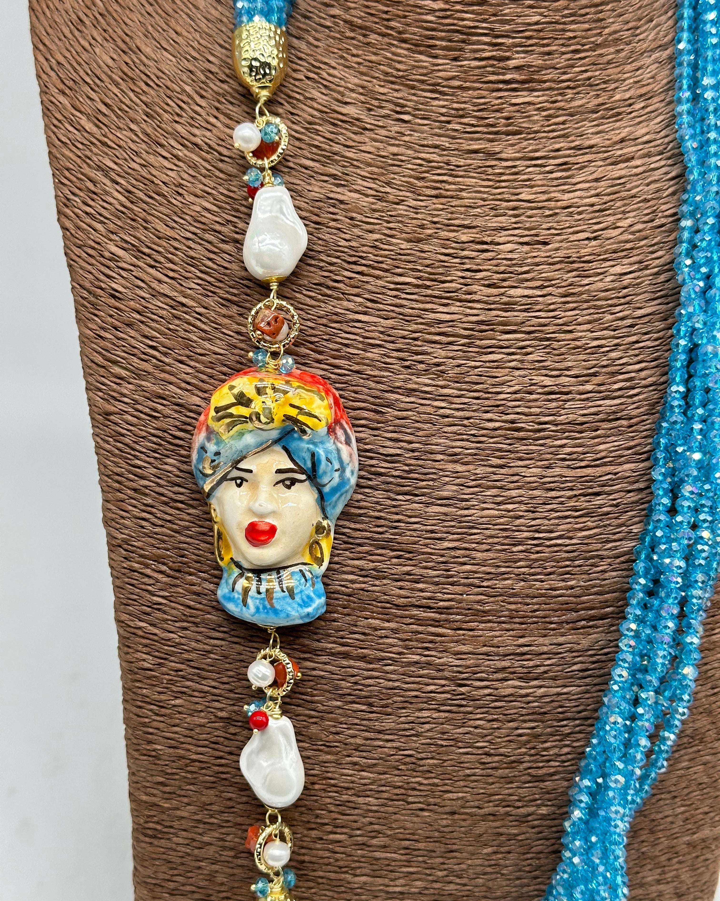 Collana Siciliana Testa di Moro Ceramica di Caltagirone Pietre Celeste V.2 - COLLANA