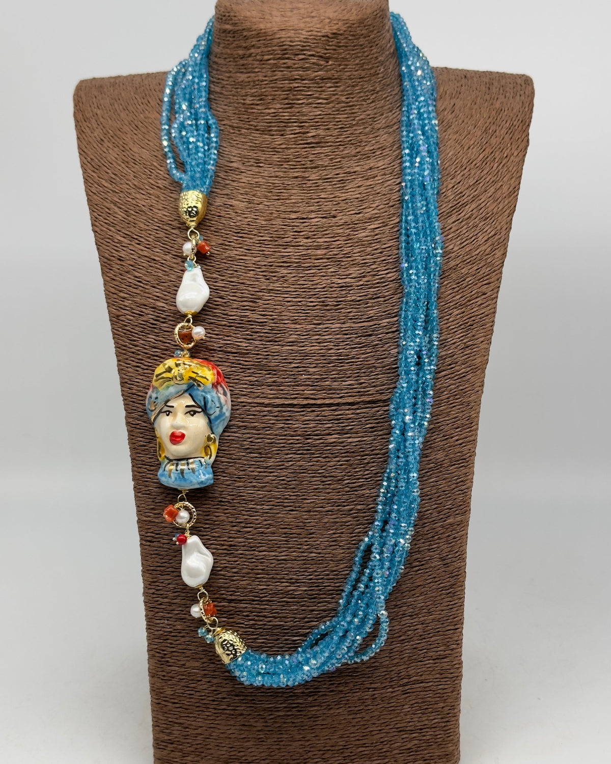 Collana Siciliana Testa di Moro Ceramica di Caltagirone Pietre Celeste V.2 - COLLANA
