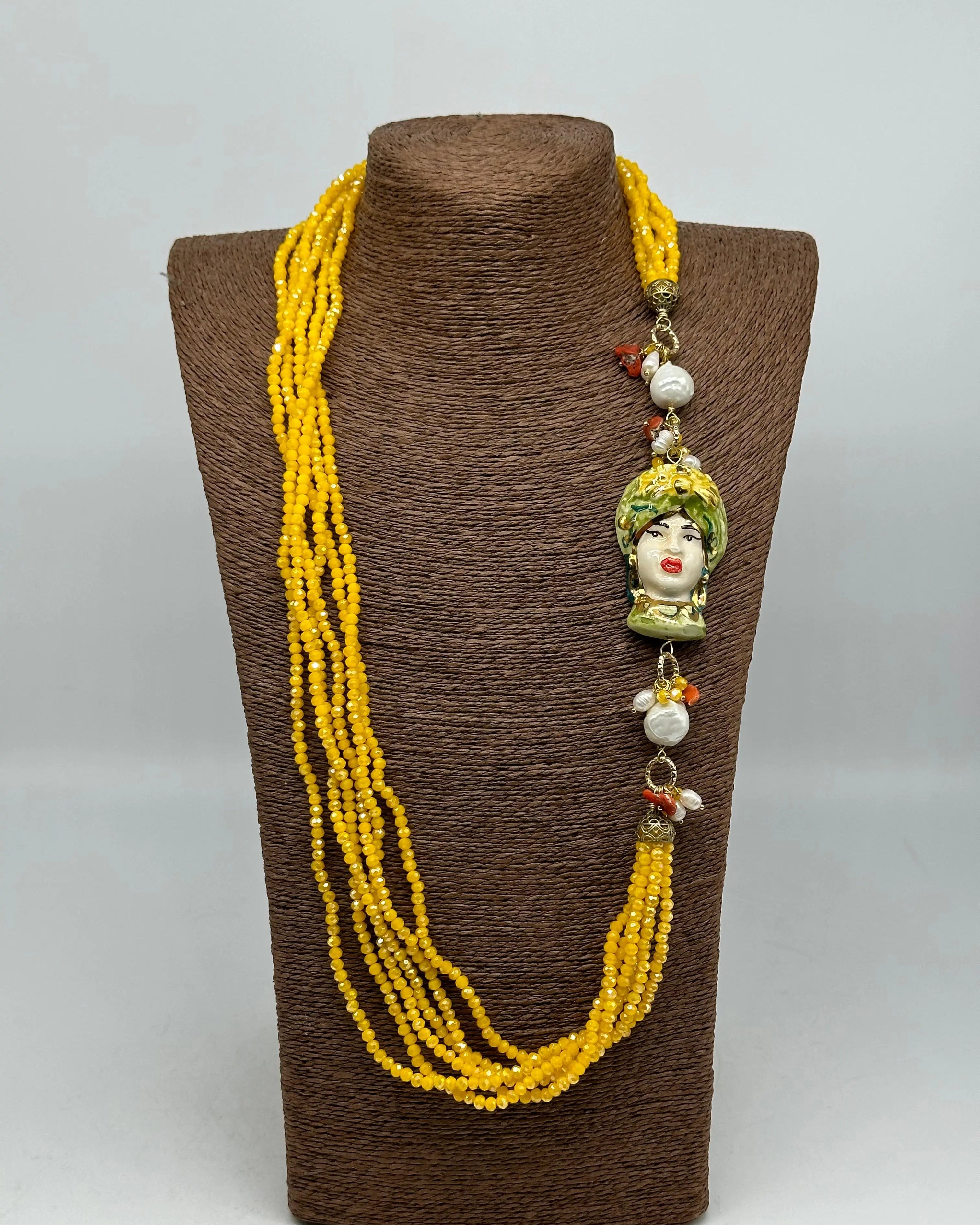 Collana Siciliana Testa di Moro Ceramica di Caltagirone Pietre Giallo DD CERAMICHE SICILIANE