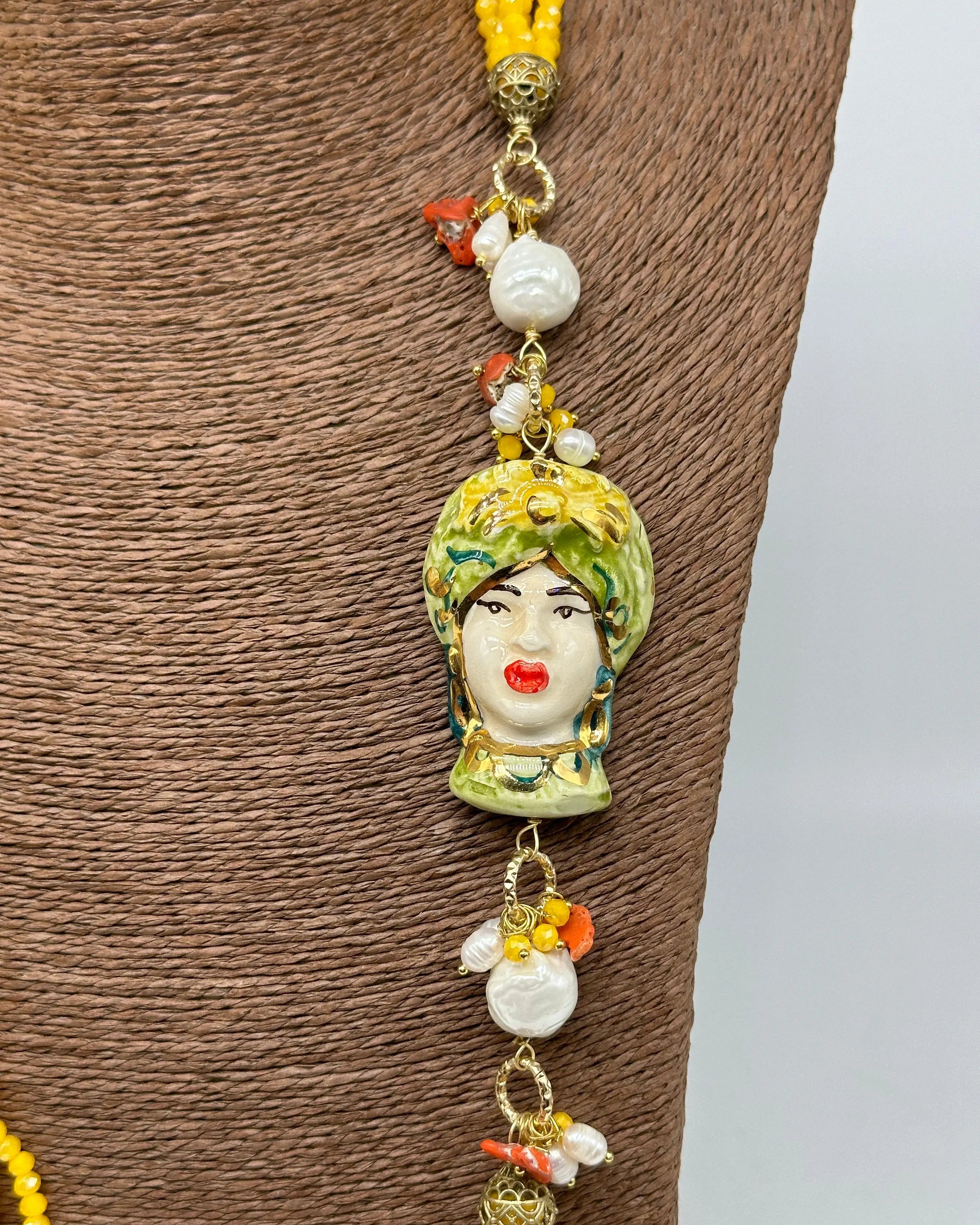 Collana Siciliana Testa di Moro Ceramica di Caltagirone Pietre Giallo DD CERAMICHE SICILIANE