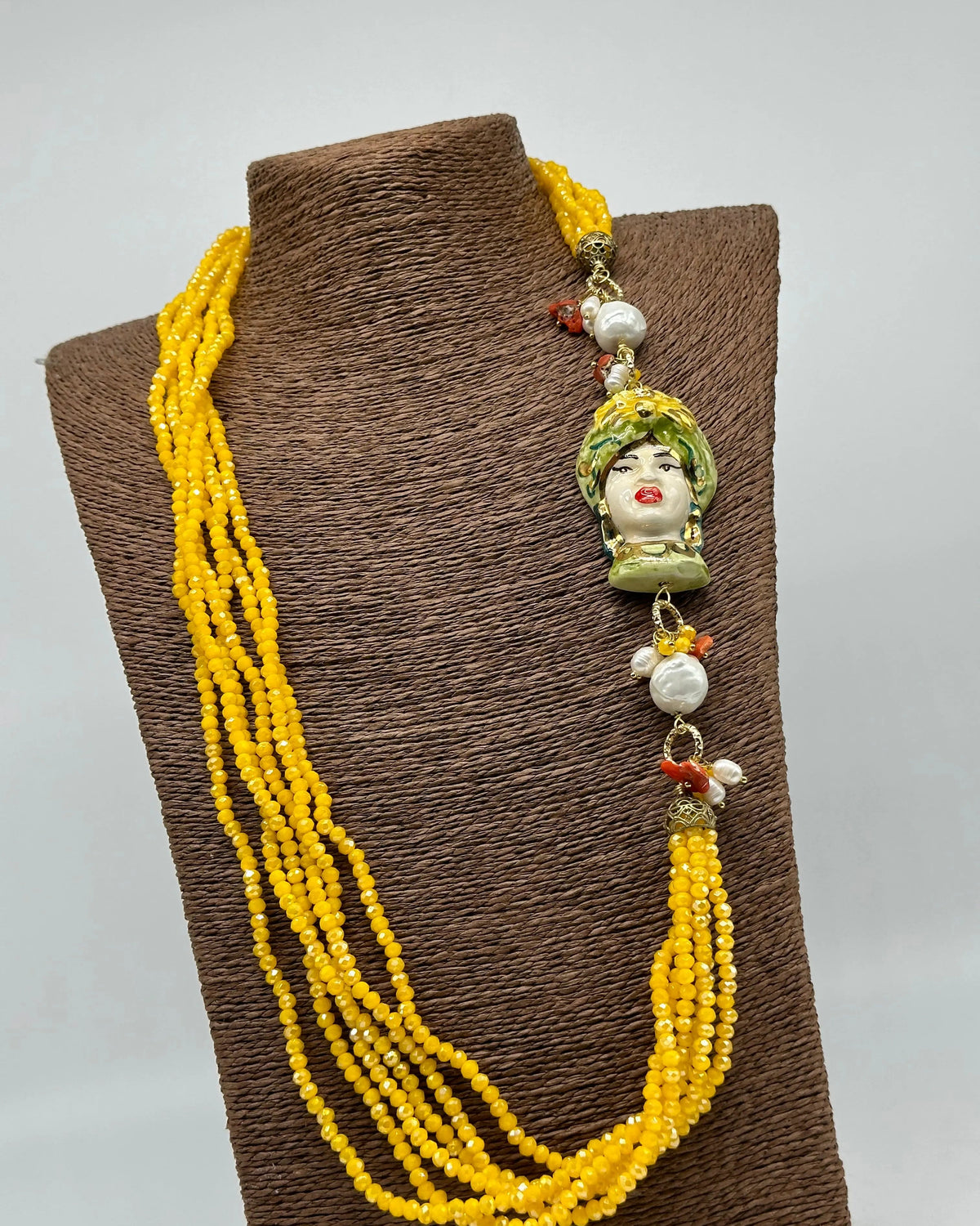 Collana Siciliana Testa di Moro Ceramica di Caltagirone Pietre Giallo DD CERAMICHE SICILIANE