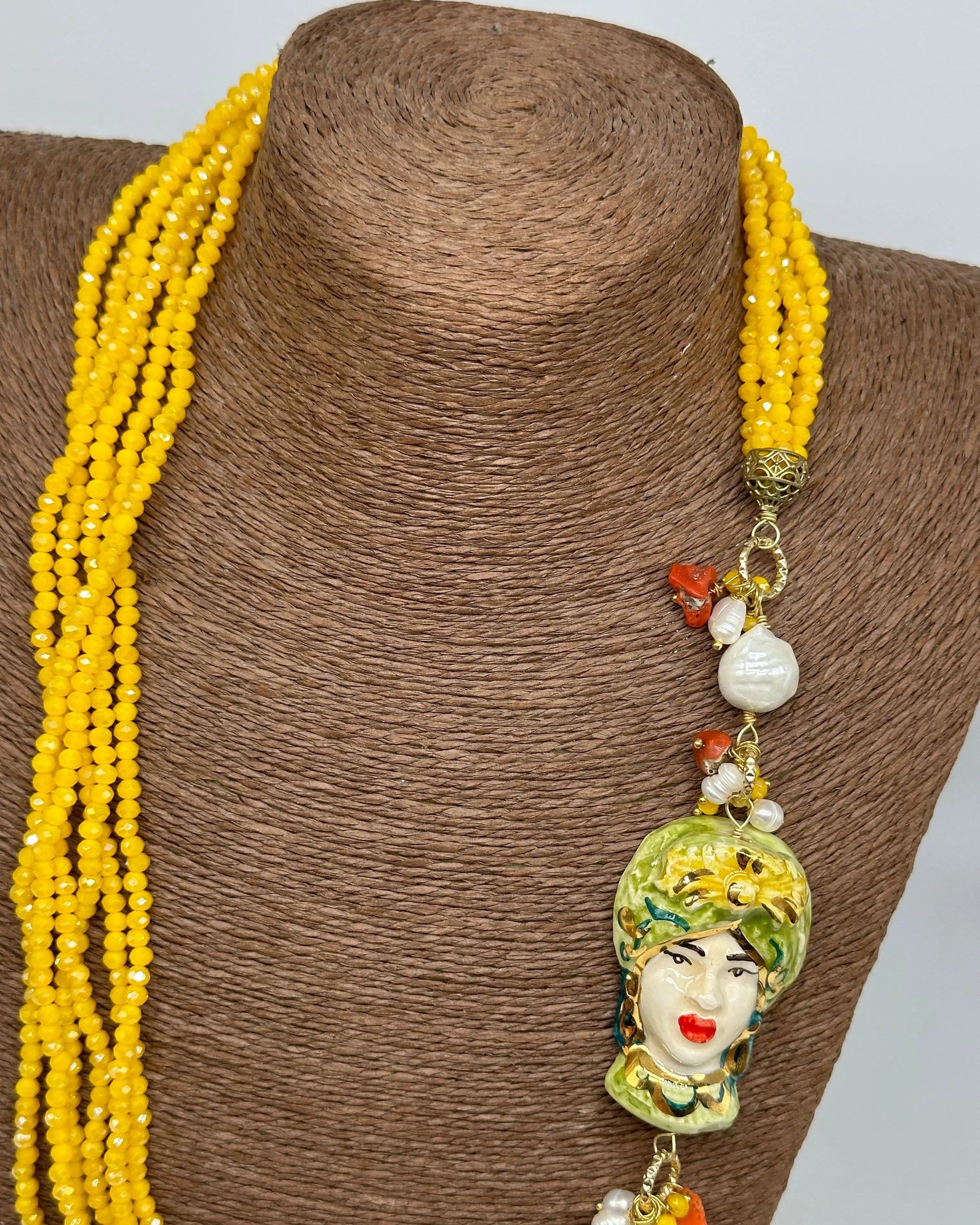 Collana Siciliana Testa di Moro Ceramica di Caltagirone Pietre Giallo DD CERAMICHE SICILIANE