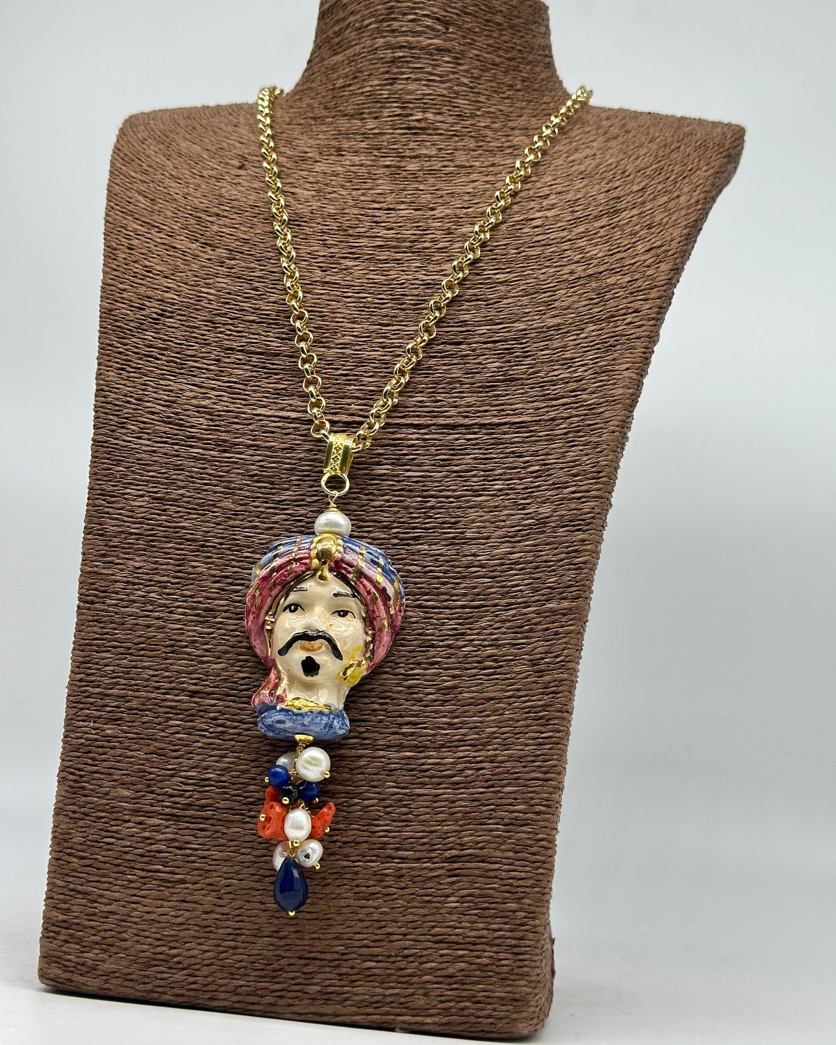 Collana Siciliana Testa di Moro Atena Ceramica di Caltagirone Turbante Blu-Lilla - COLLANA