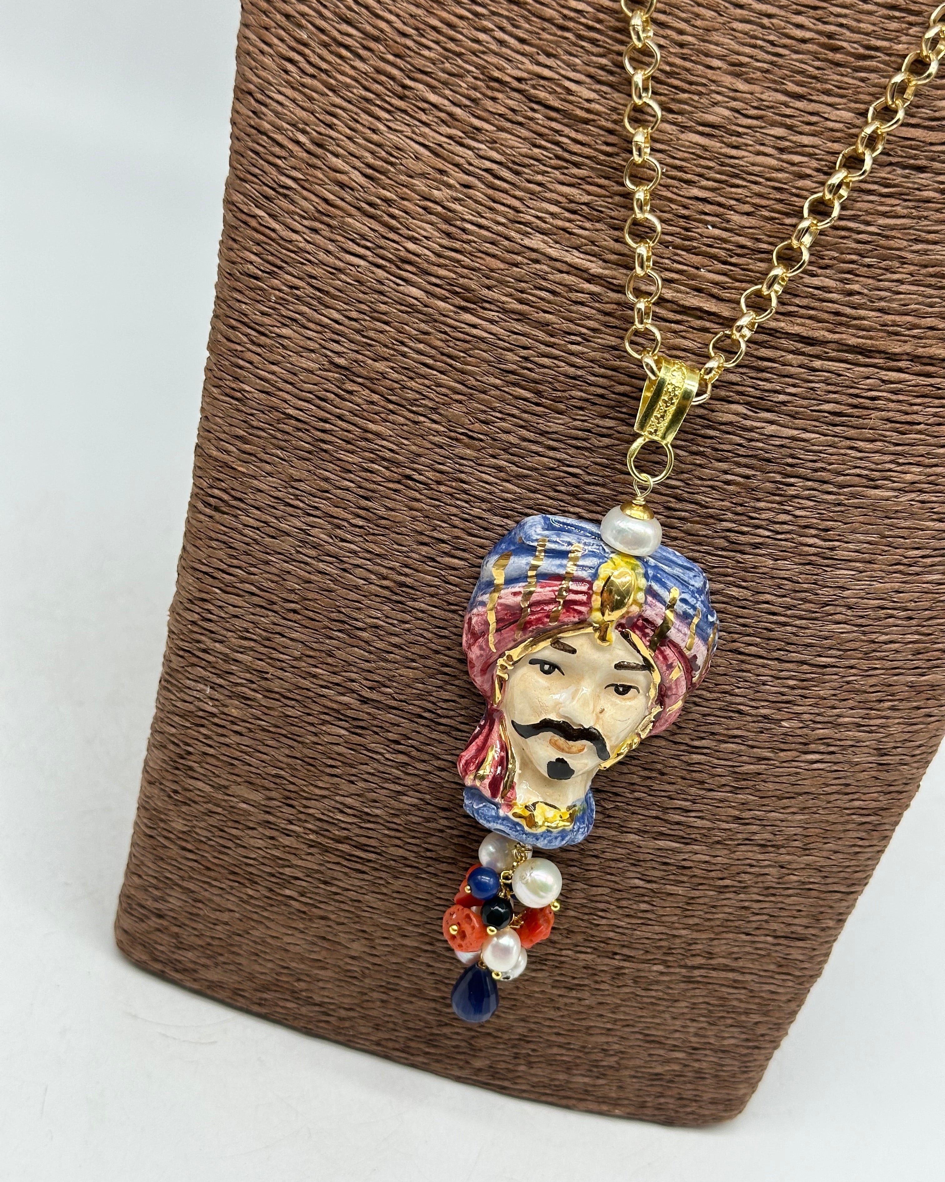 Collana Siciliana Testa di Moro Atena Ceramica di Caltagirone Turbante Blu-Lilla - COLLANA
