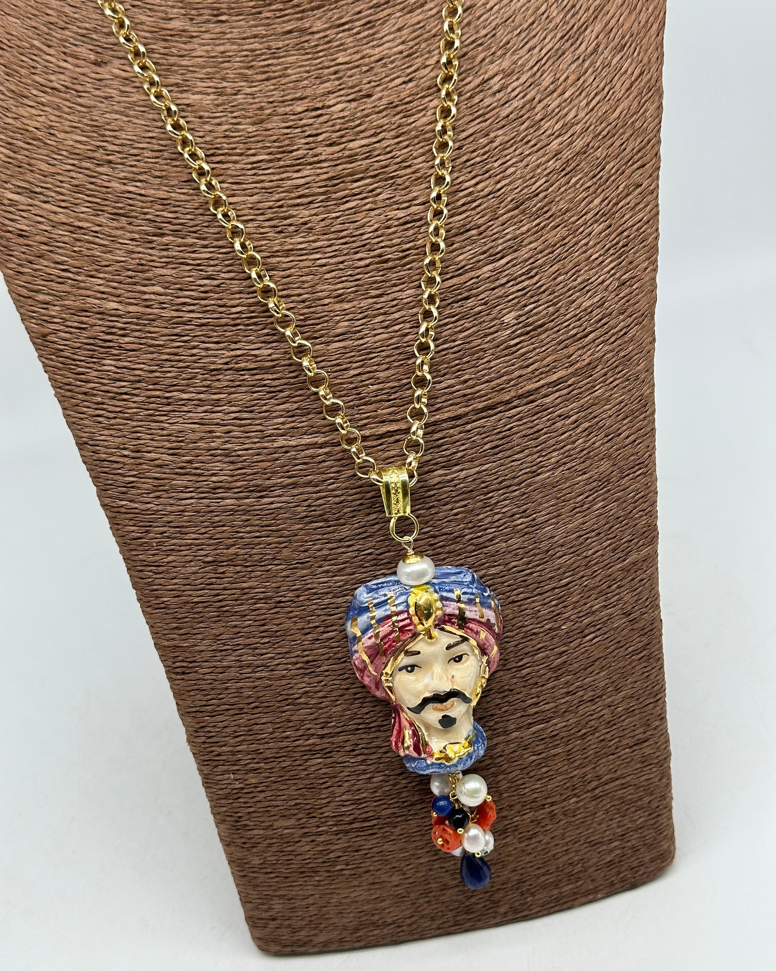 Collana Siciliana Testa di Moro Atena Ceramica di Caltagirone Turbante Blu-Lilla - COLLANA
