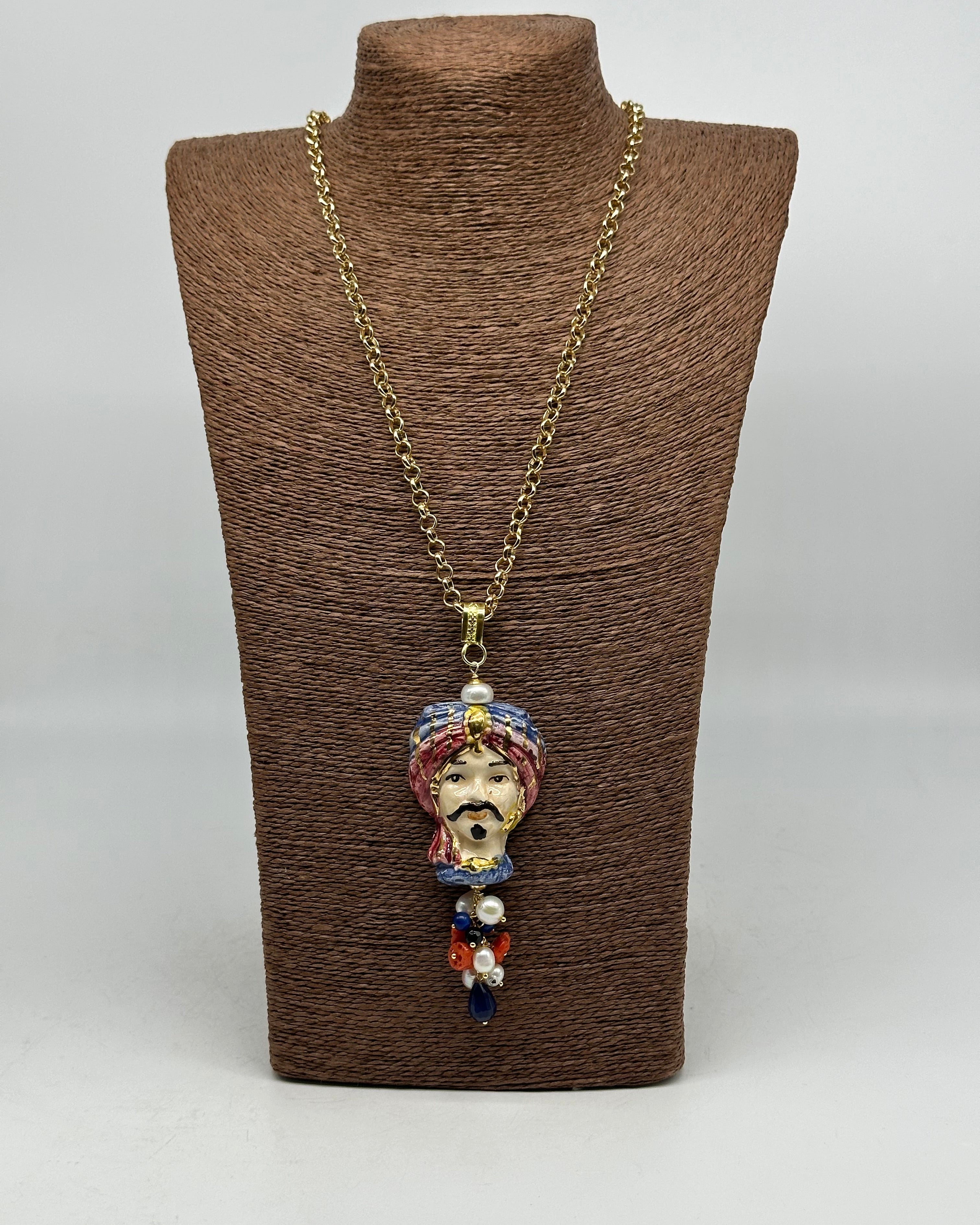 Collana Siciliana Testa di Moro Atena Ceramica di Caltagirone Turbante Blu-Lilla - COLLANA