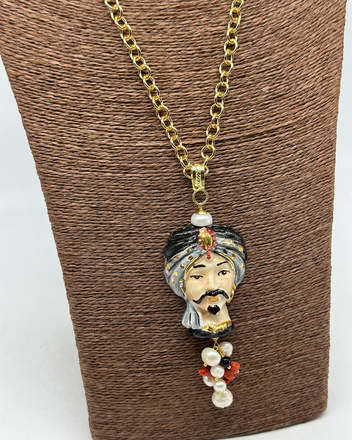 Collana Siciliana Testa di Moro Atena Ceramica di Caltagirone Turbante Nero-Grigio - COLLANA