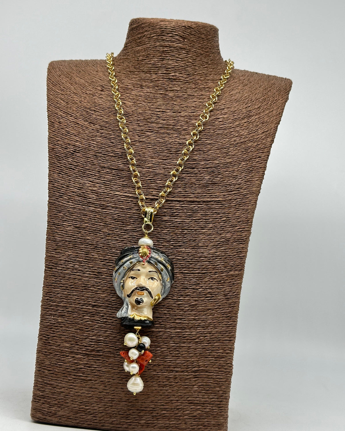 Collana Siciliana Testa di Moro Atena Ceramica di Caltagirone Turbante Nero-Grigio - COLLANA