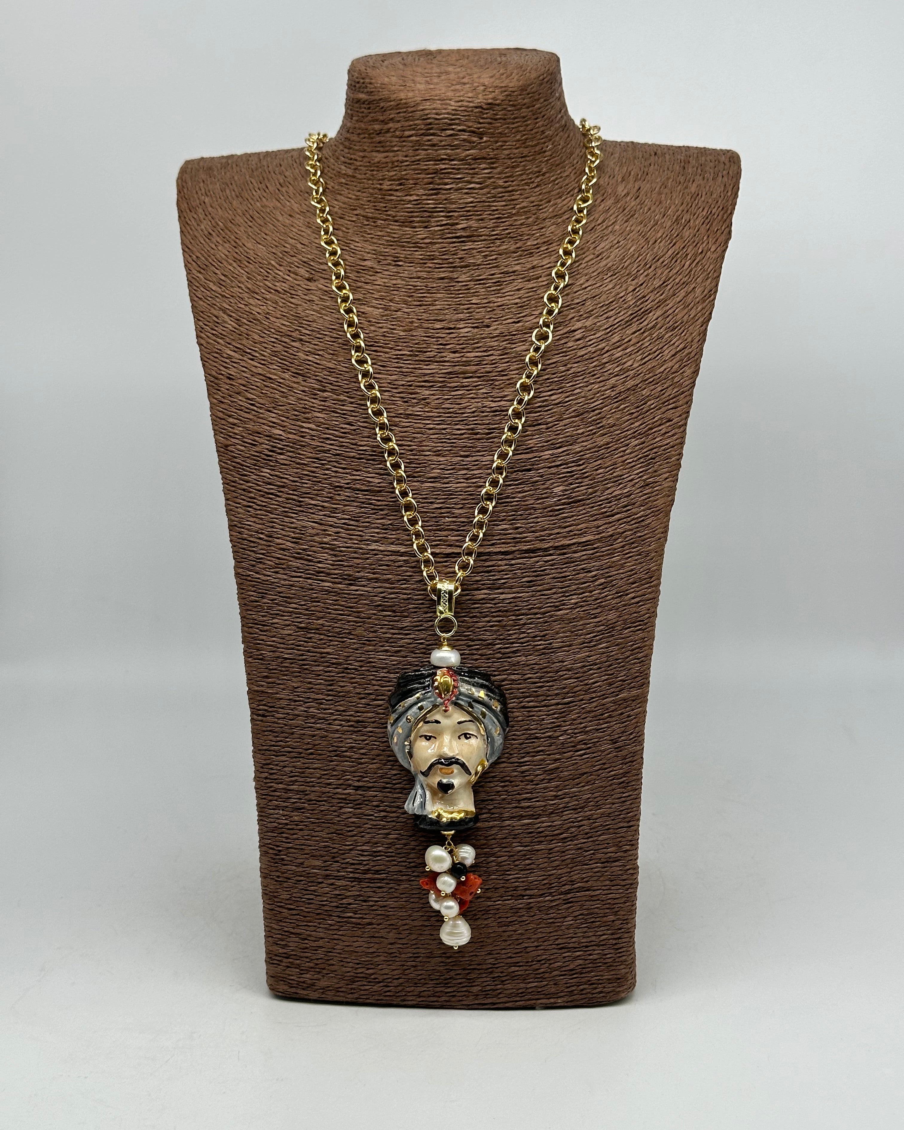Collana Siciliana Testa di Moro Atena Ceramica di Caltagirone Turbante Nero-Grigio - COLLANA