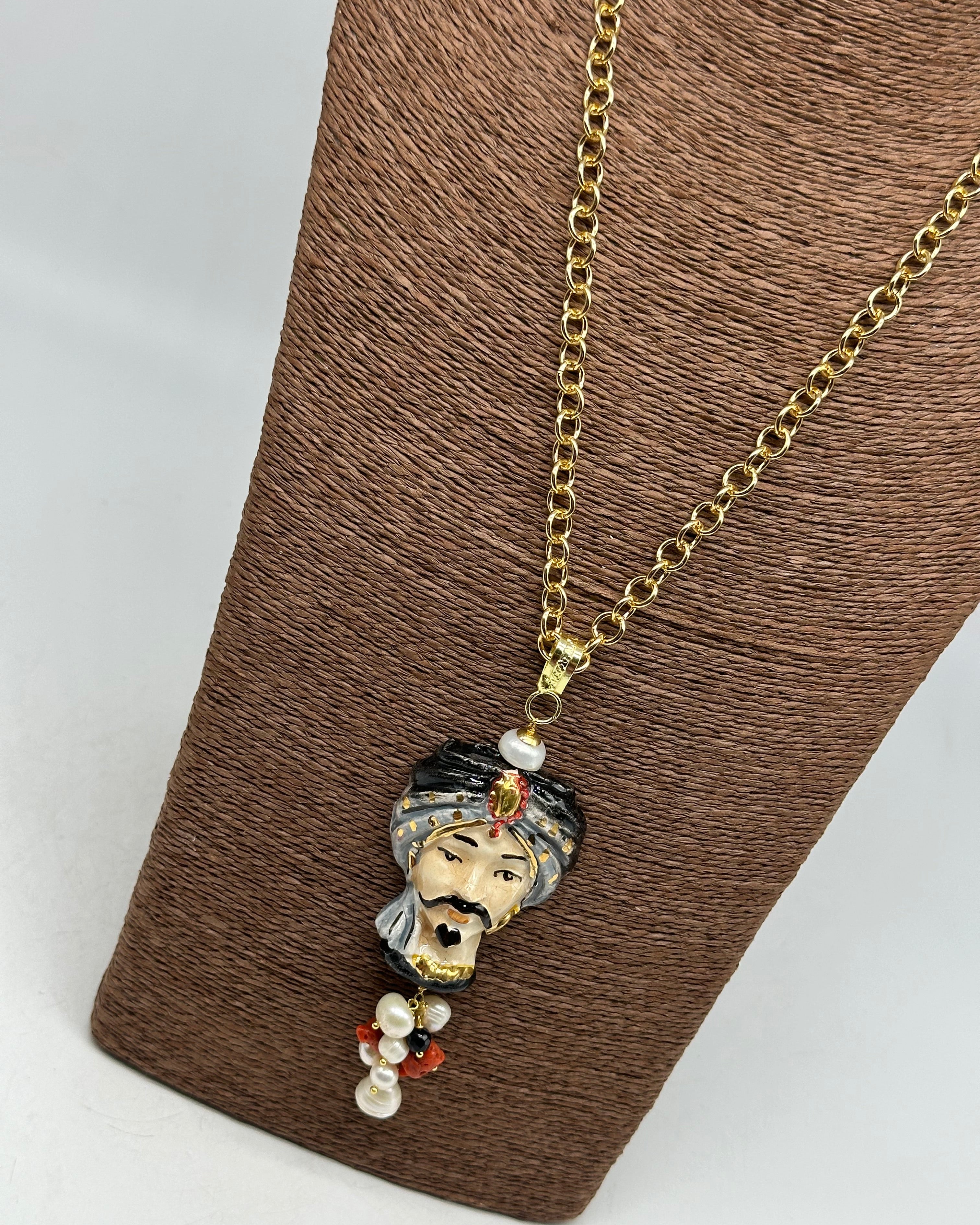 Collana Siciliana Testa di Moro Atena Ceramica di Caltagirone Turbante Nero-Grigio - COLLANA