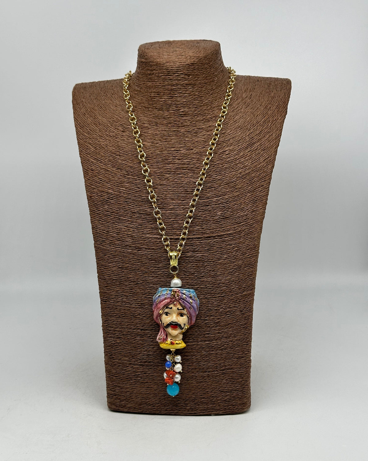 Collana Siciliana Testa di Moro Atena Ceramica di Caltagirone Turbante Celeste-Rosa - COLLANA
