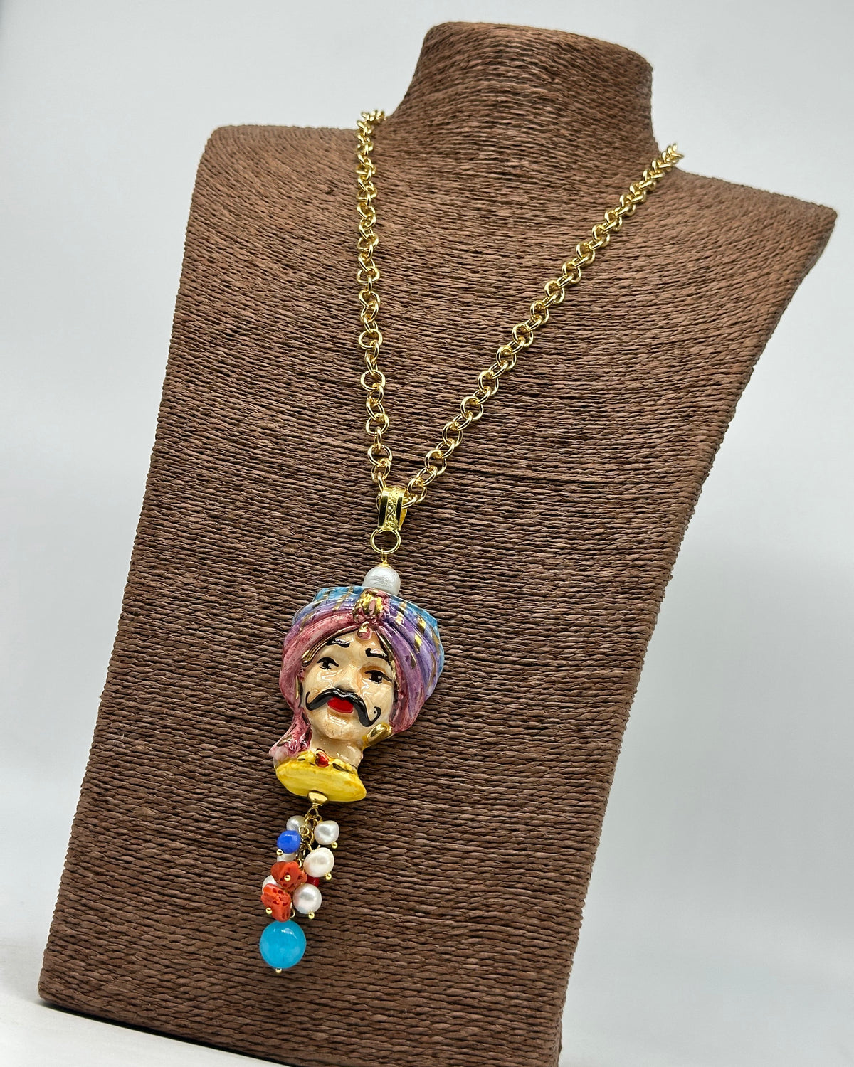 Collana Siciliana Testa di Moro Atena Ceramica di Caltagirone Turbante Celeste-Rosa - COLLANA