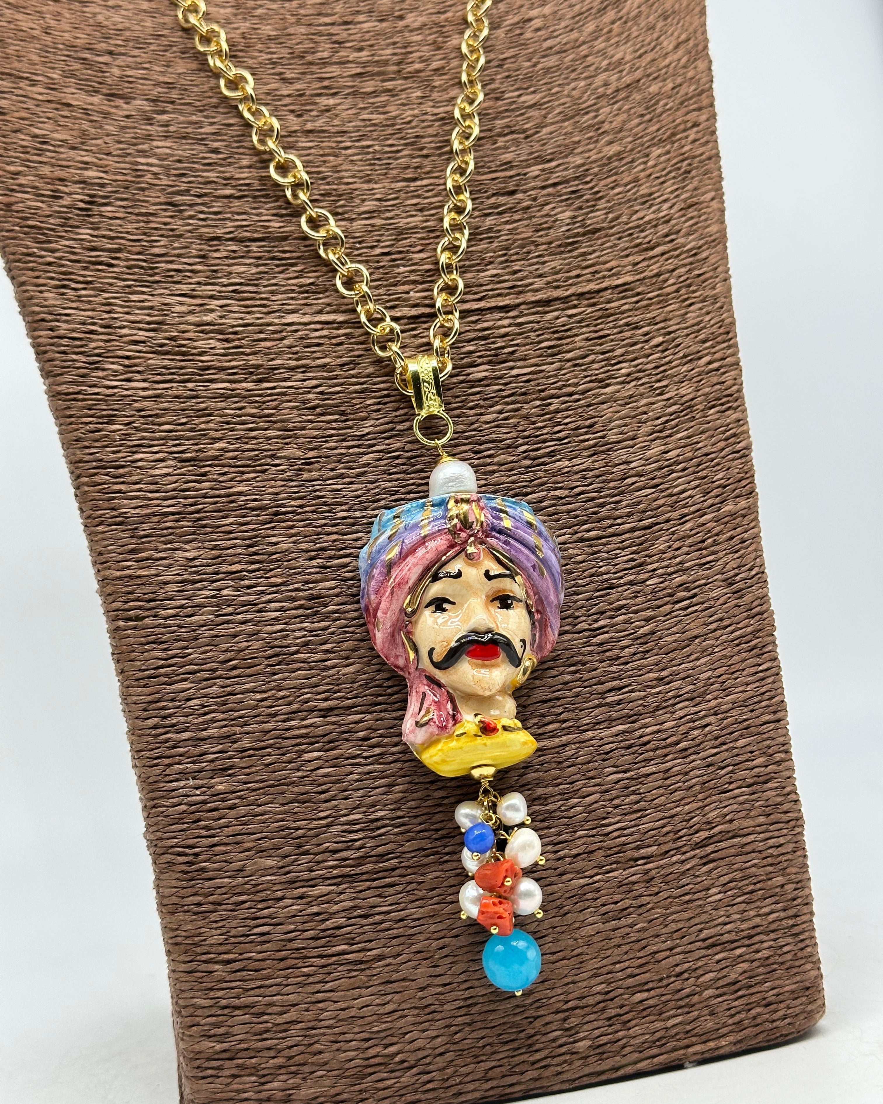 Collana Siciliana Testa di Moro Atena Ceramica di Caltagirone Turbante Celeste-Rosa - COLLANA
