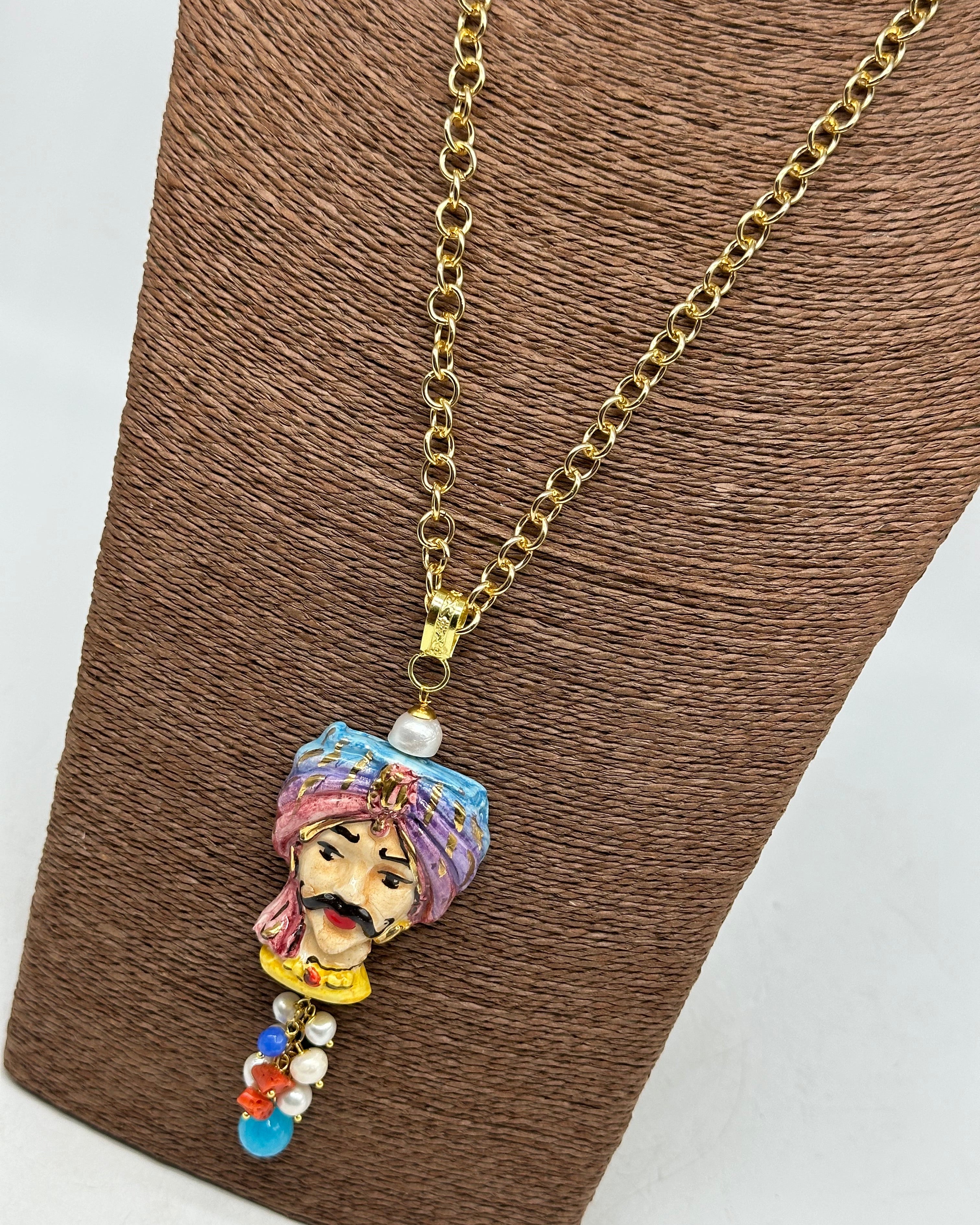 Collana Siciliana Testa di Moro Atena Ceramica di Caltagirone Turbante Celeste-Rosa - COLLANA