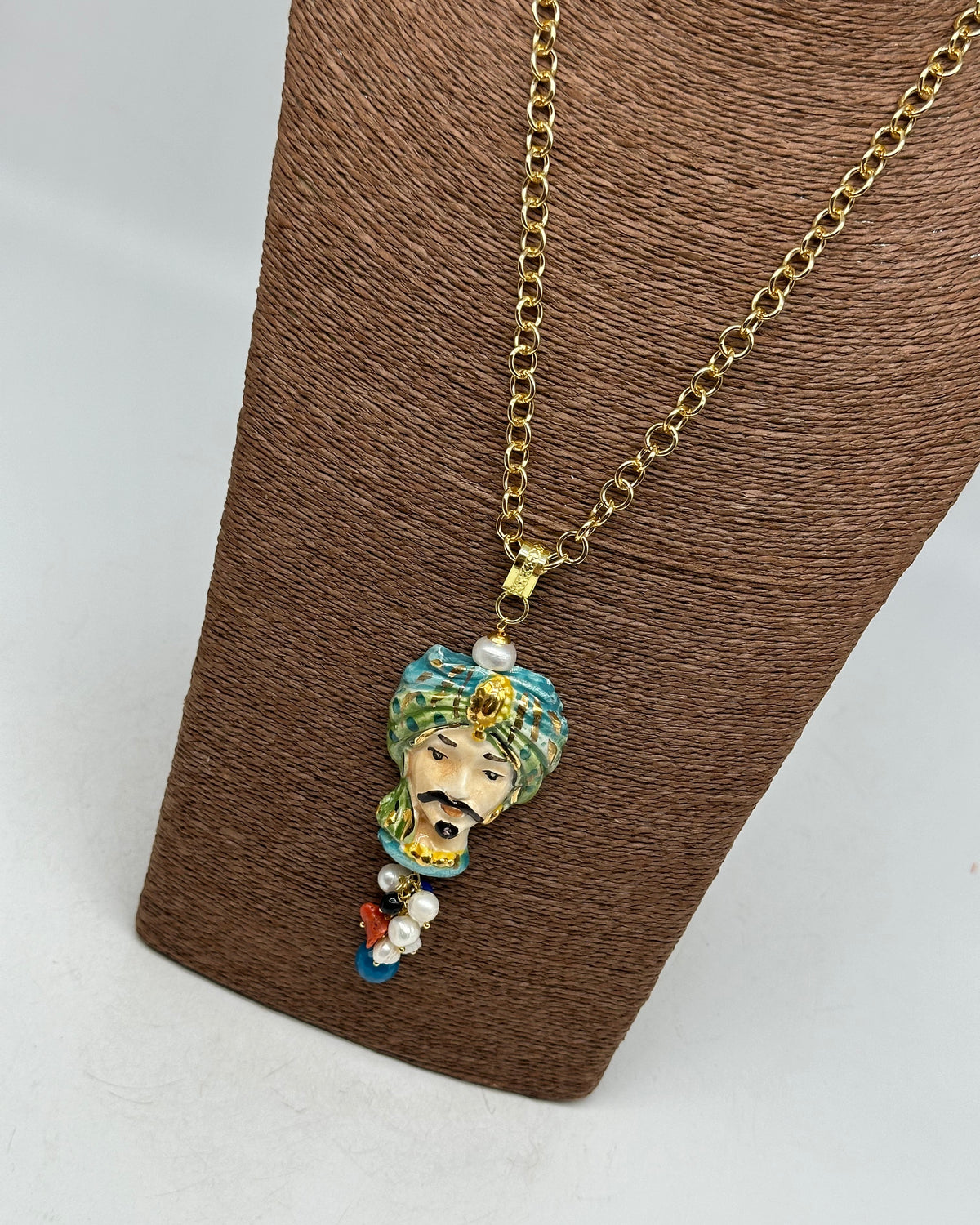 Collana Siciliana Testa di Moro Atena Ceramica di Caltagirone Turbante Verde - COLLANA