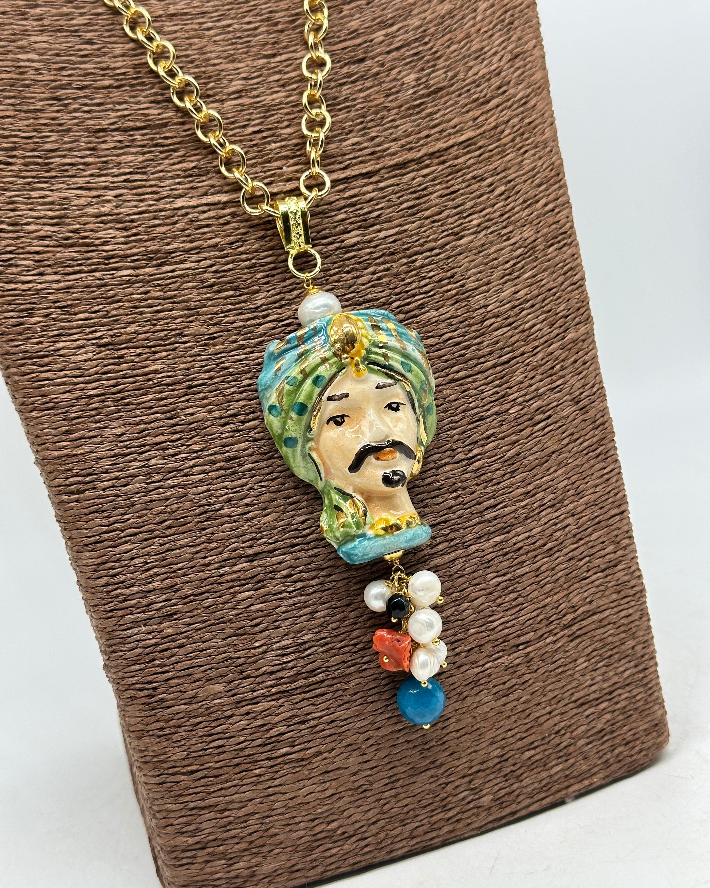 Collana Siciliana Testa di Moro Atena Ceramica di Caltagirone Turbante Verde - COLLANA