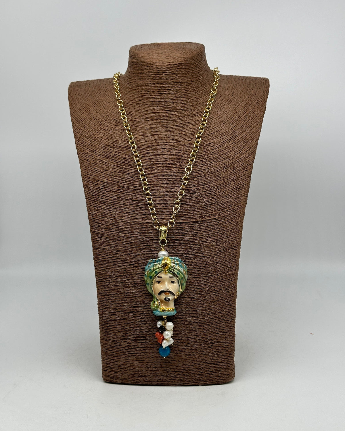 Collana Siciliana Testa di Moro Atena Ceramica di Caltagirone Turbante Verde - COLLANA