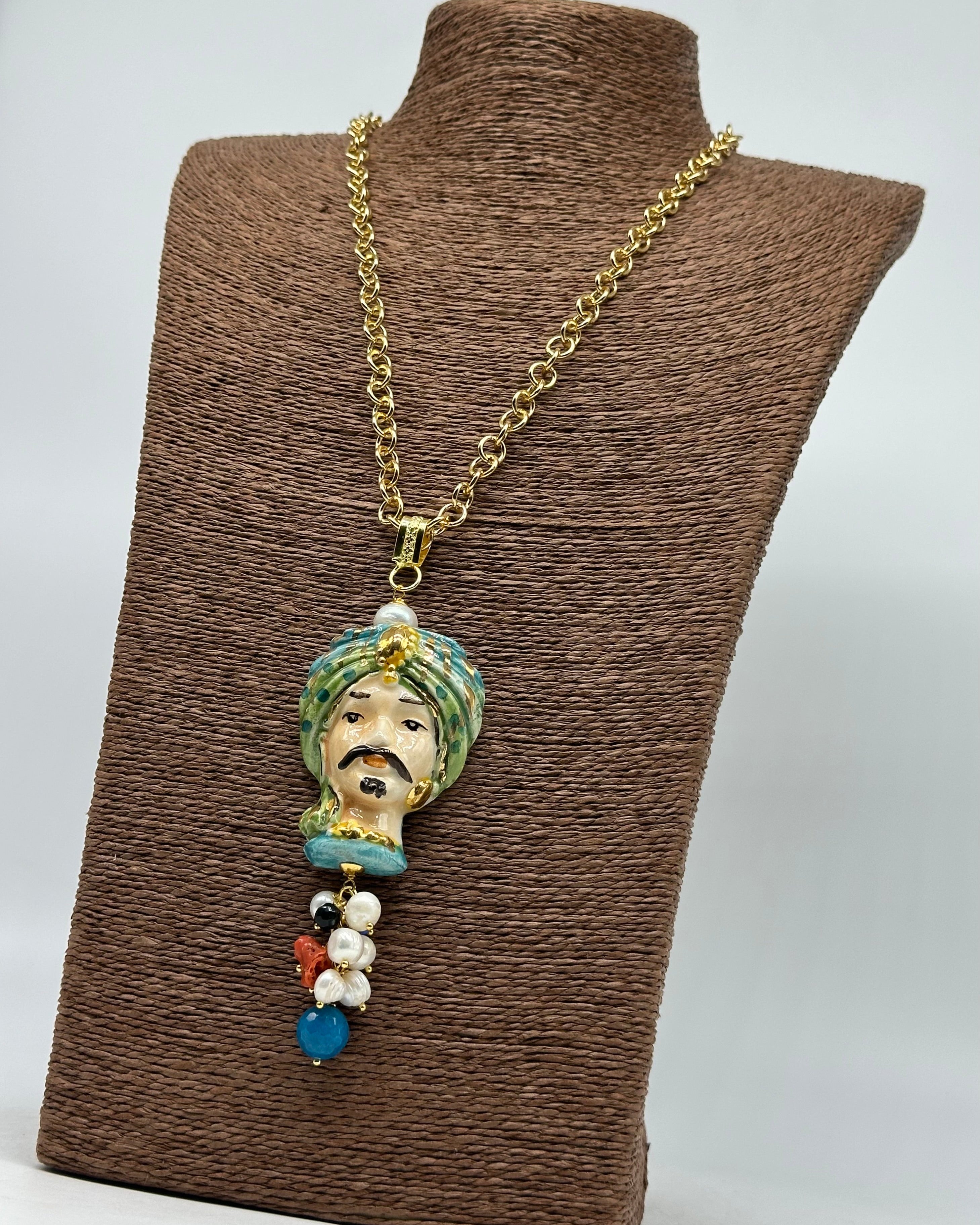 Collana Siciliana Testa di Moro Atena Ceramica di Caltagirone Turbante Verde - COLLANA