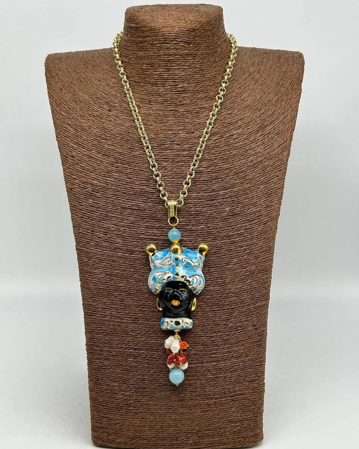 Collana Siciliana Testa di Moro Ceramica di Caltagirone Turbante Celeste Decorato Sfere Oro - COLLANA