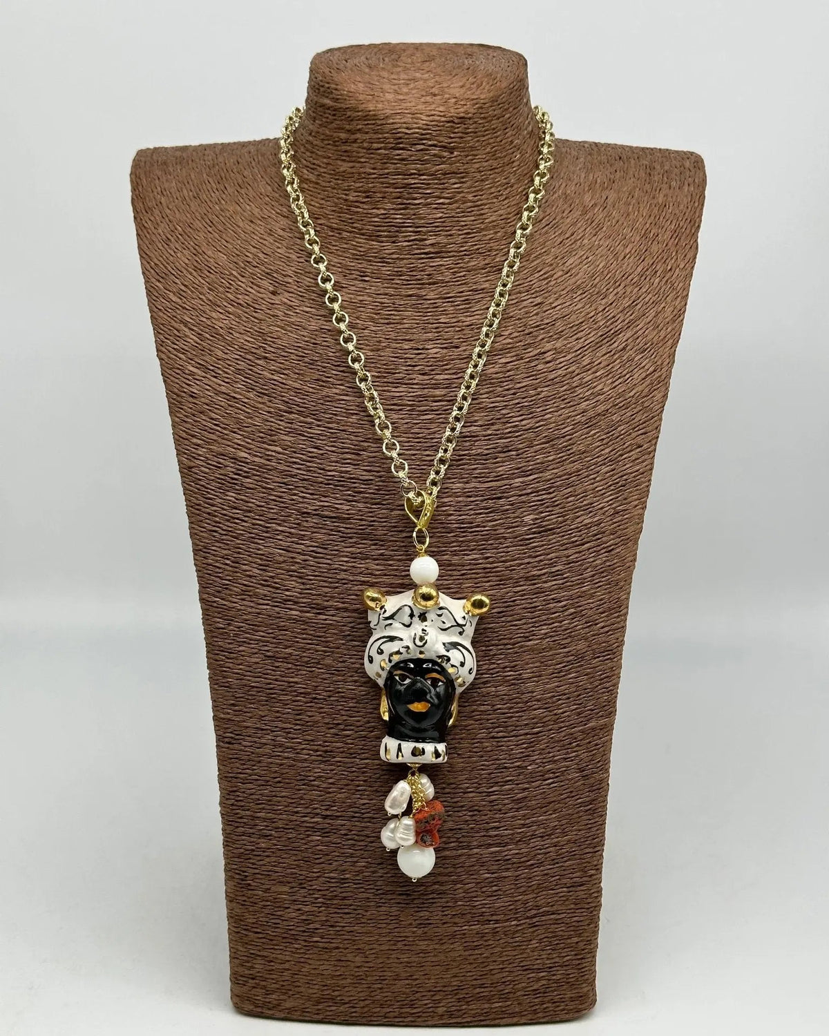Collana Siciliana Testa di Moro Ceramica di Caltagirone Turbante Bianco Decorato Sfere Oro - COLLANA