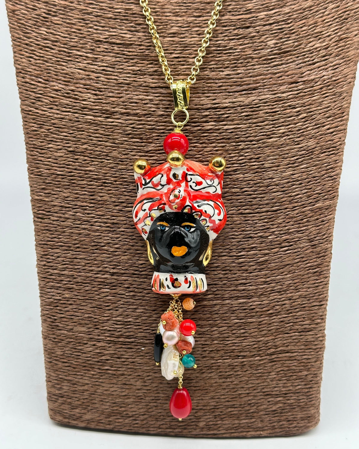 Collana Siciliana Testa di Moro Ceramica di Caltagirone Turbante Rosso Decorato dettagli Oro - COLLANA