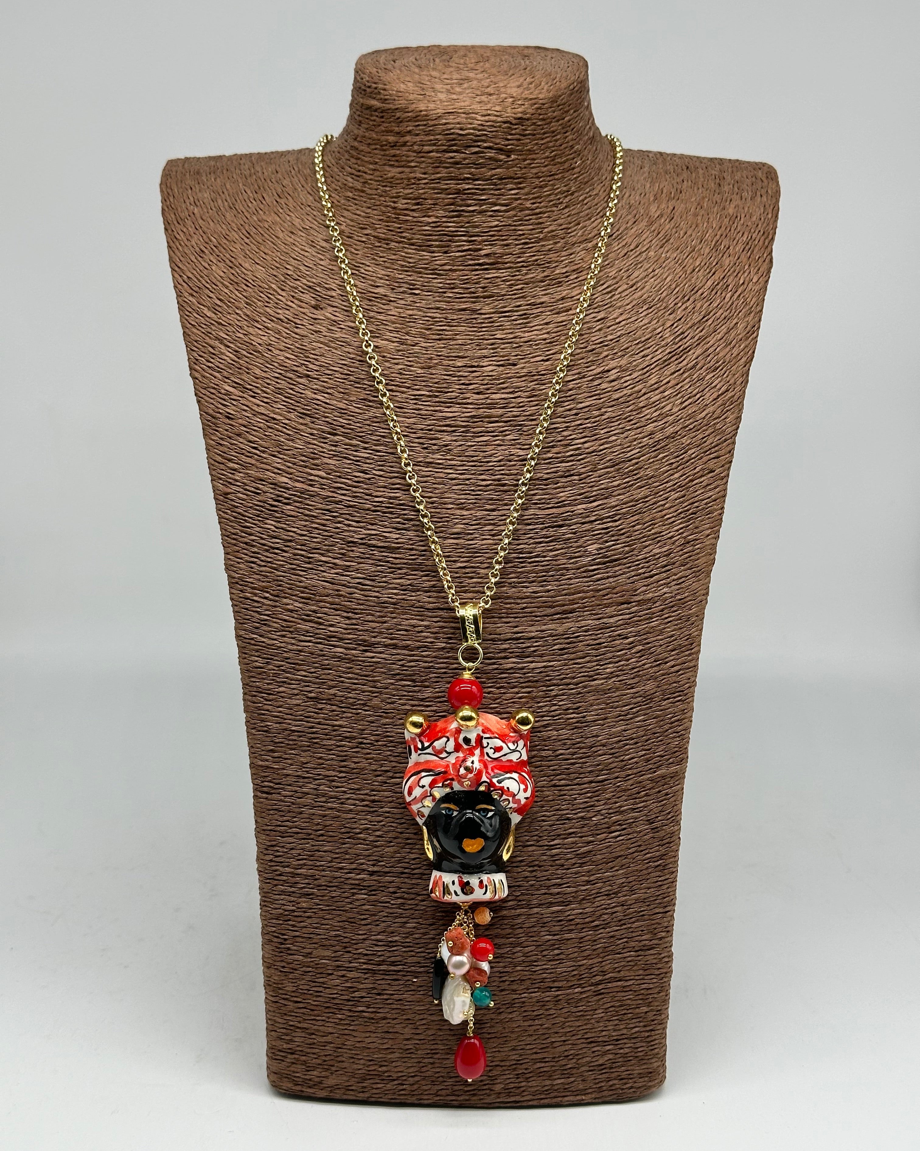 Collana Siciliana Testa di Moro Ceramica di Caltagirone Turbante Rosso Decorato dettagli Oro - COLLANA