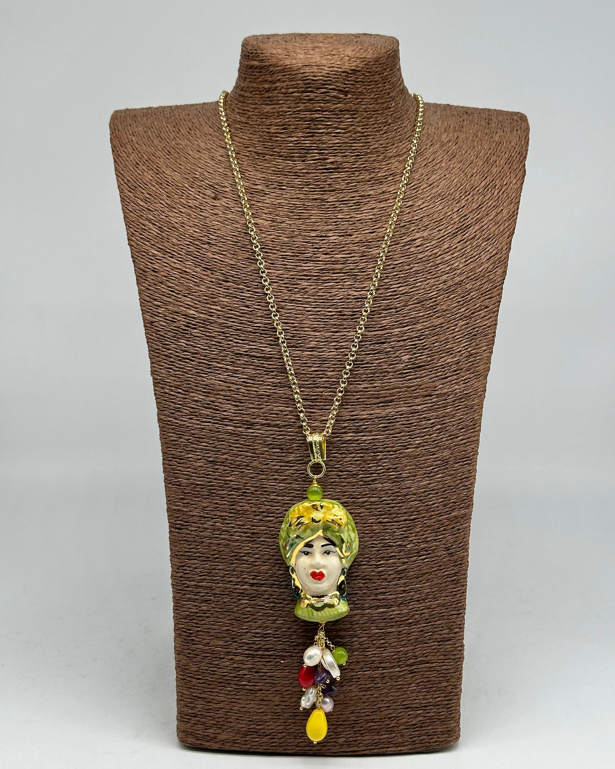 Collana Siciliana Testa di Moro Donna Ceramica di Caltagirone Turbante Verde - COLLANA