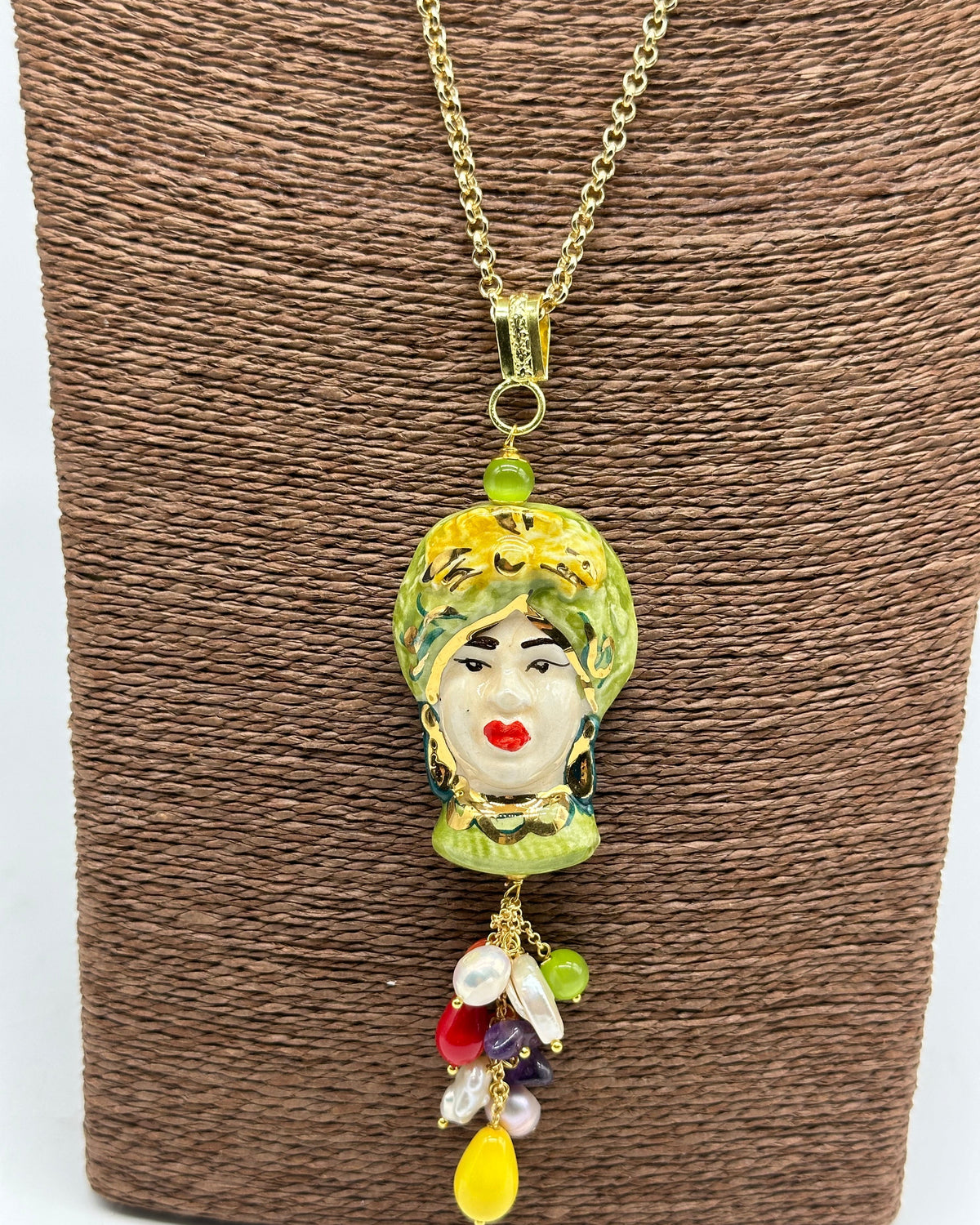 Collana Siciliana Testa di Moro Donna Ceramica di Caltagirone Turbante Verde - COLLANA