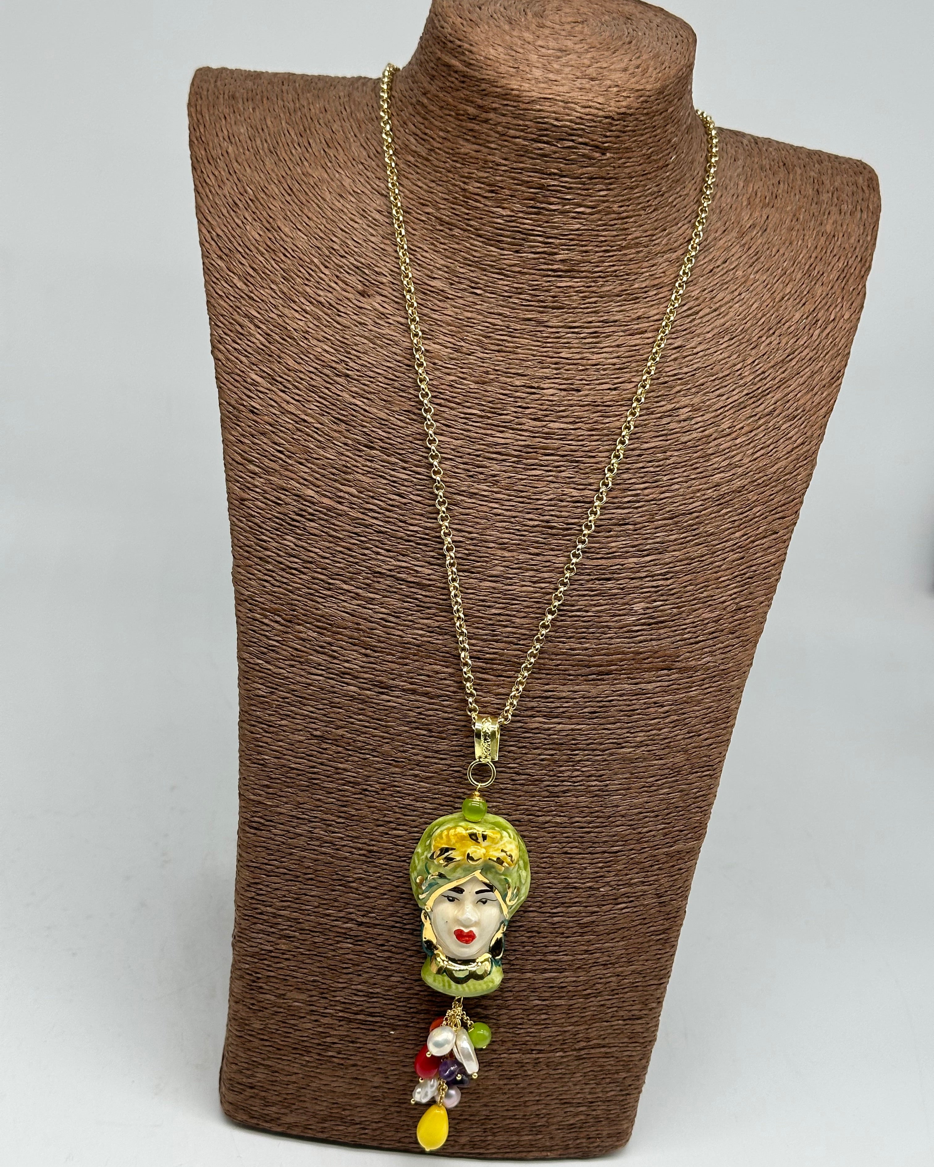 Collana Siciliana Testa di Moro Donna Ceramica di Caltagirone Turbante Verde - COLLANA
