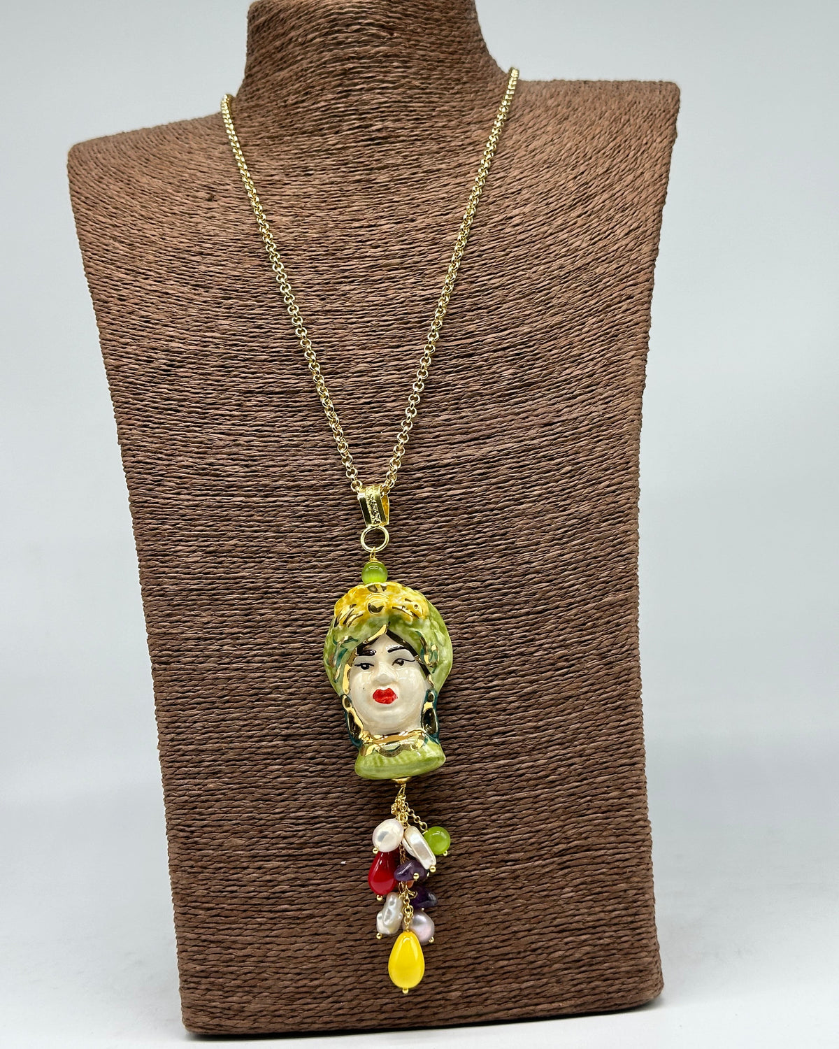 Collana Siciliana Testa di Moro Donna Ceramica di Caltagirone Turbante Verde - COLLANA