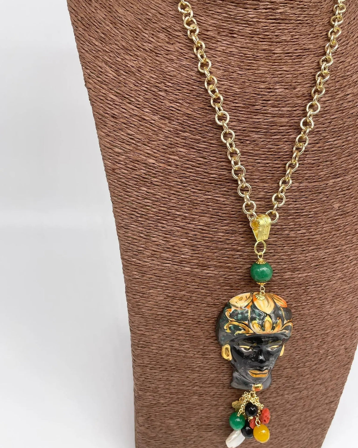 Collana Siciliana Testa di Moro Ceramica di Caltagirone Turbante Verde Decorato - DD CERAMICHE SICILIANE