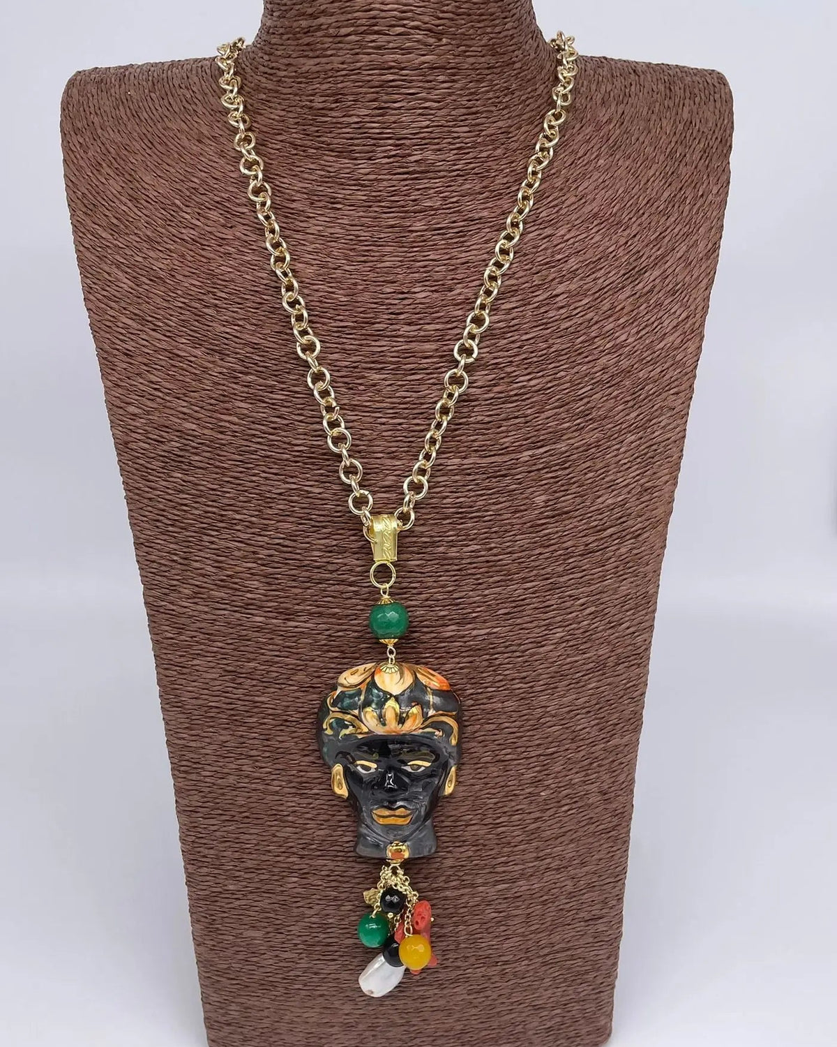 Collana Siciliana Testa di Moro Ceramica di Caltagirone Turbante Verde Decorato - DD CERAMICHE SICILIANE