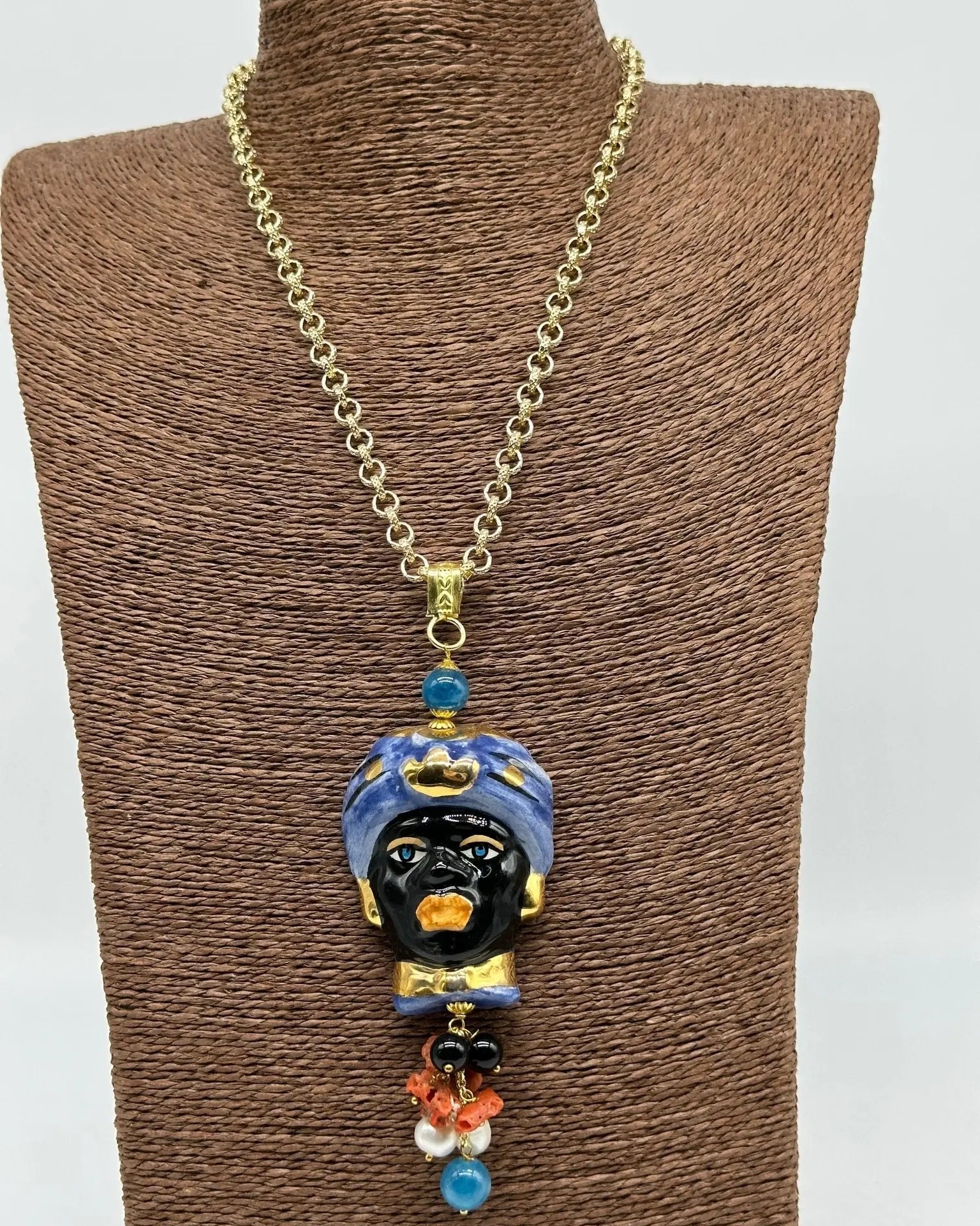 Collana Siciliana Testa di Moro Ceramica di Caltagirone Turbante Blu Decorato - COLLANA
