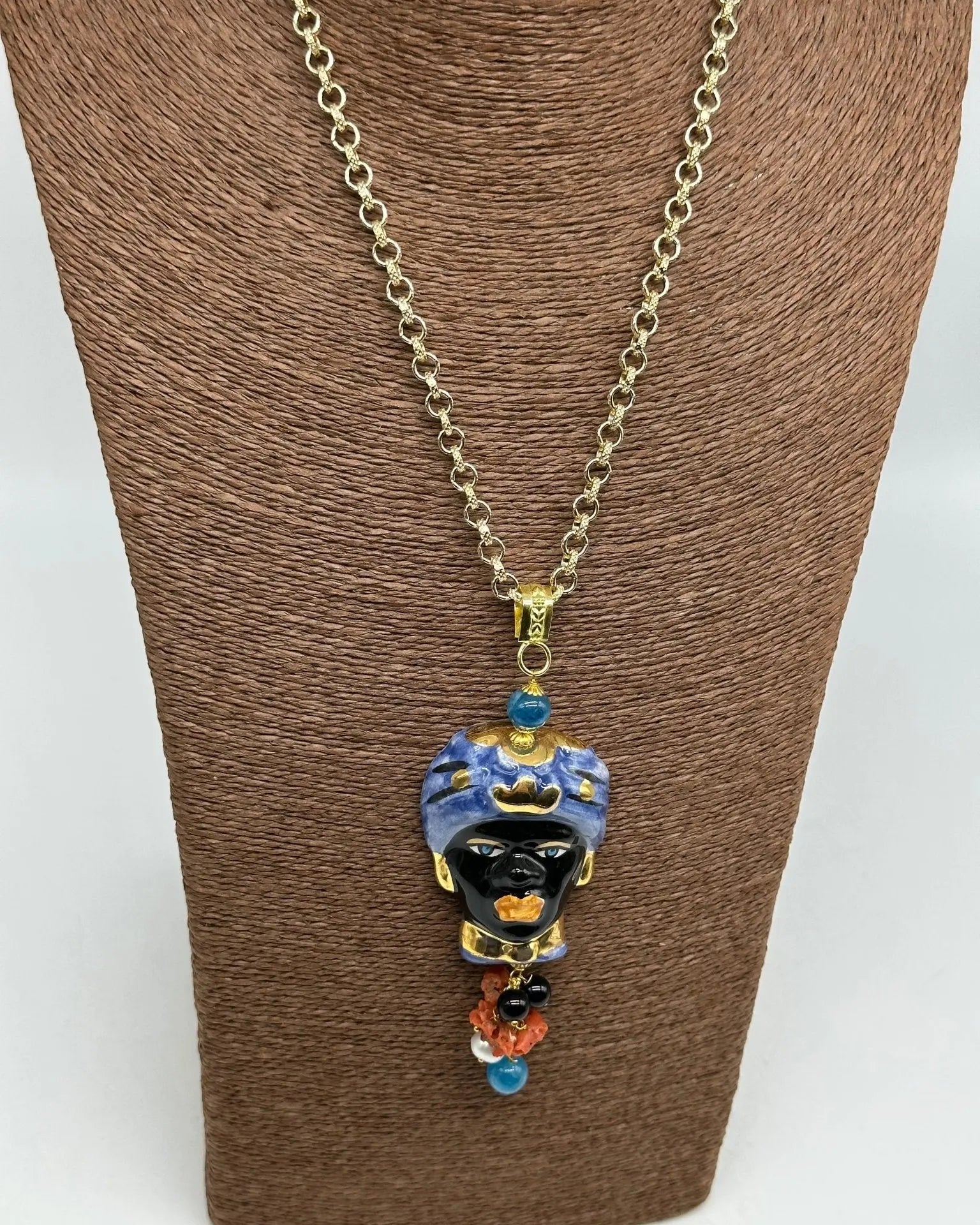 Collana Siciliana Testa di Moro Ceramica di Caltagirone Turbante Blu Decorato - COLLANA