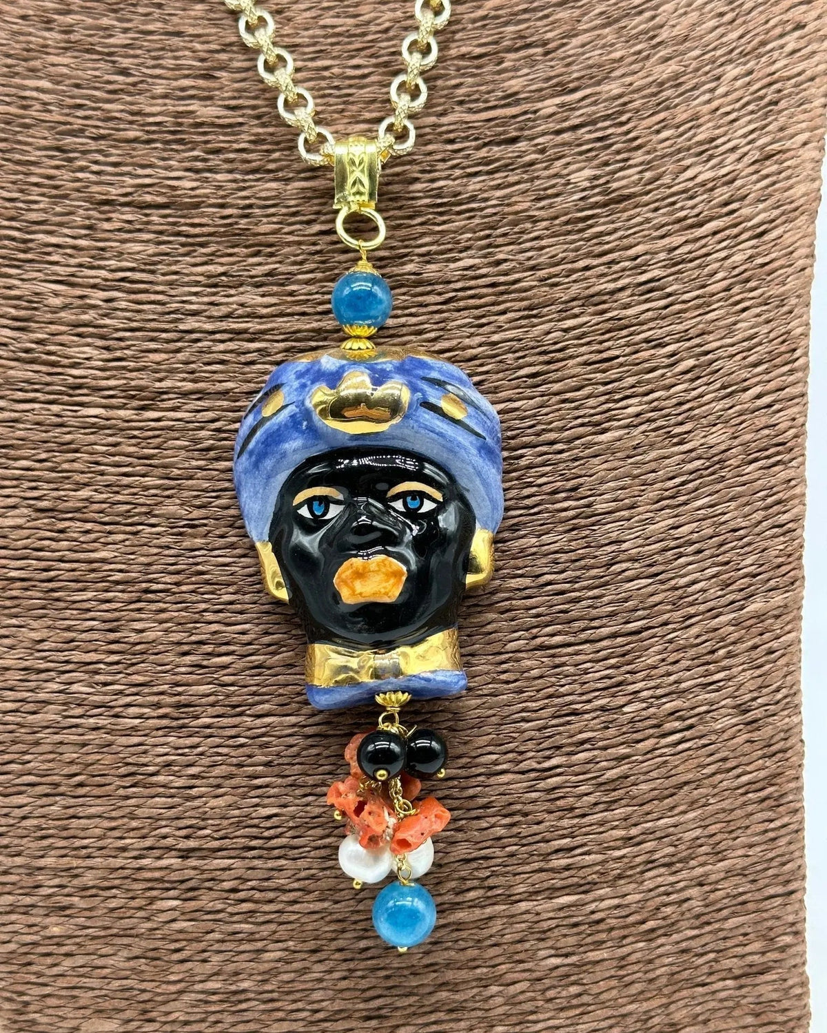 Collana Siciliana Testa di Moro Ceramica di Caltagirone Turbante Blu Decorato - COLLANA