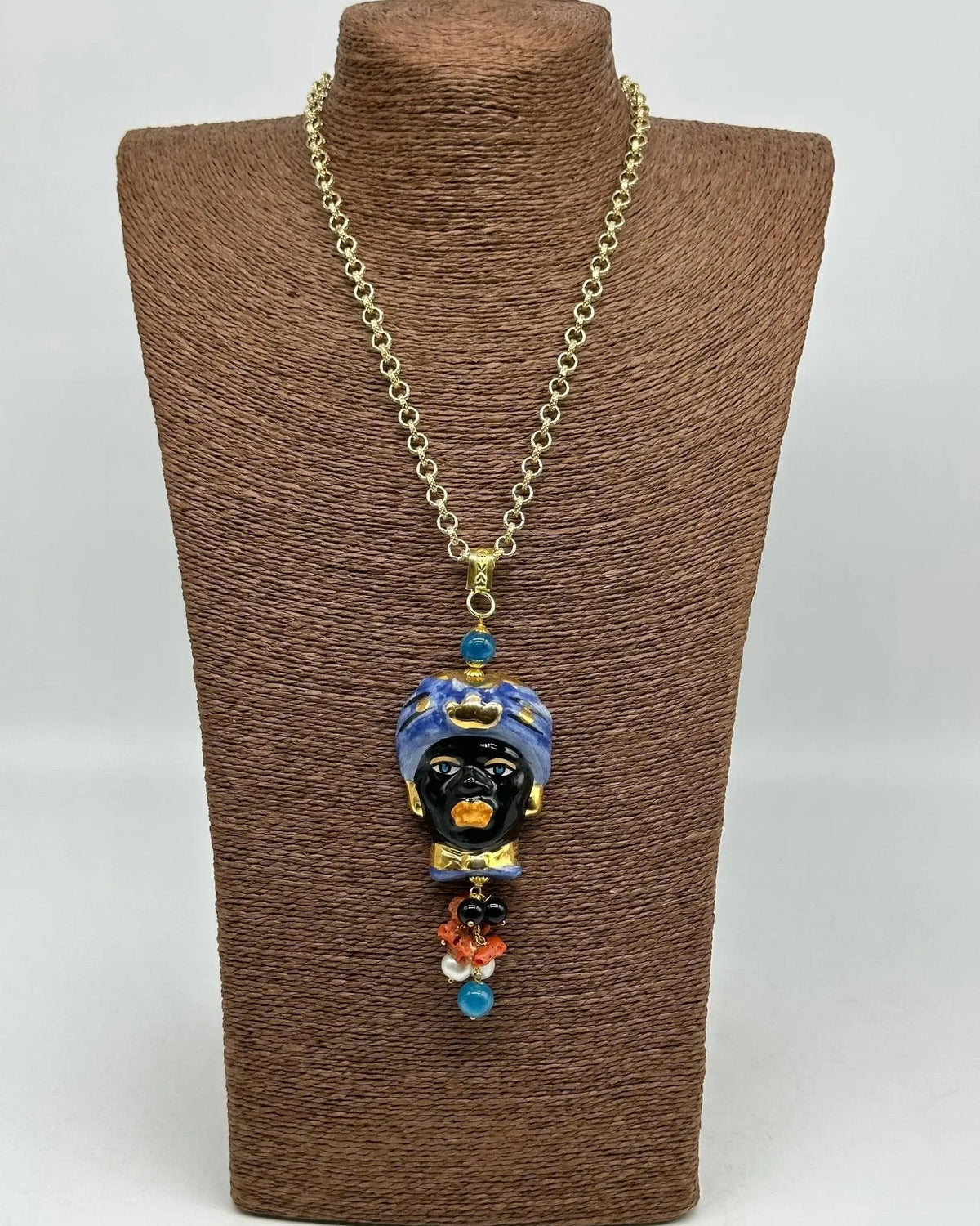 Collana Siciliana Testa di Moro Ceramica di Caltagirone Turbante Blu Decorato - COLLANA