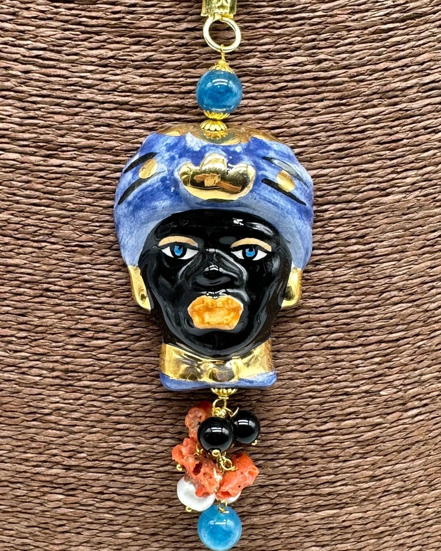 Collana Siciliana Testa di Moro Ceramica di Caltagirone Turbante Blu Decorato - COLLANA