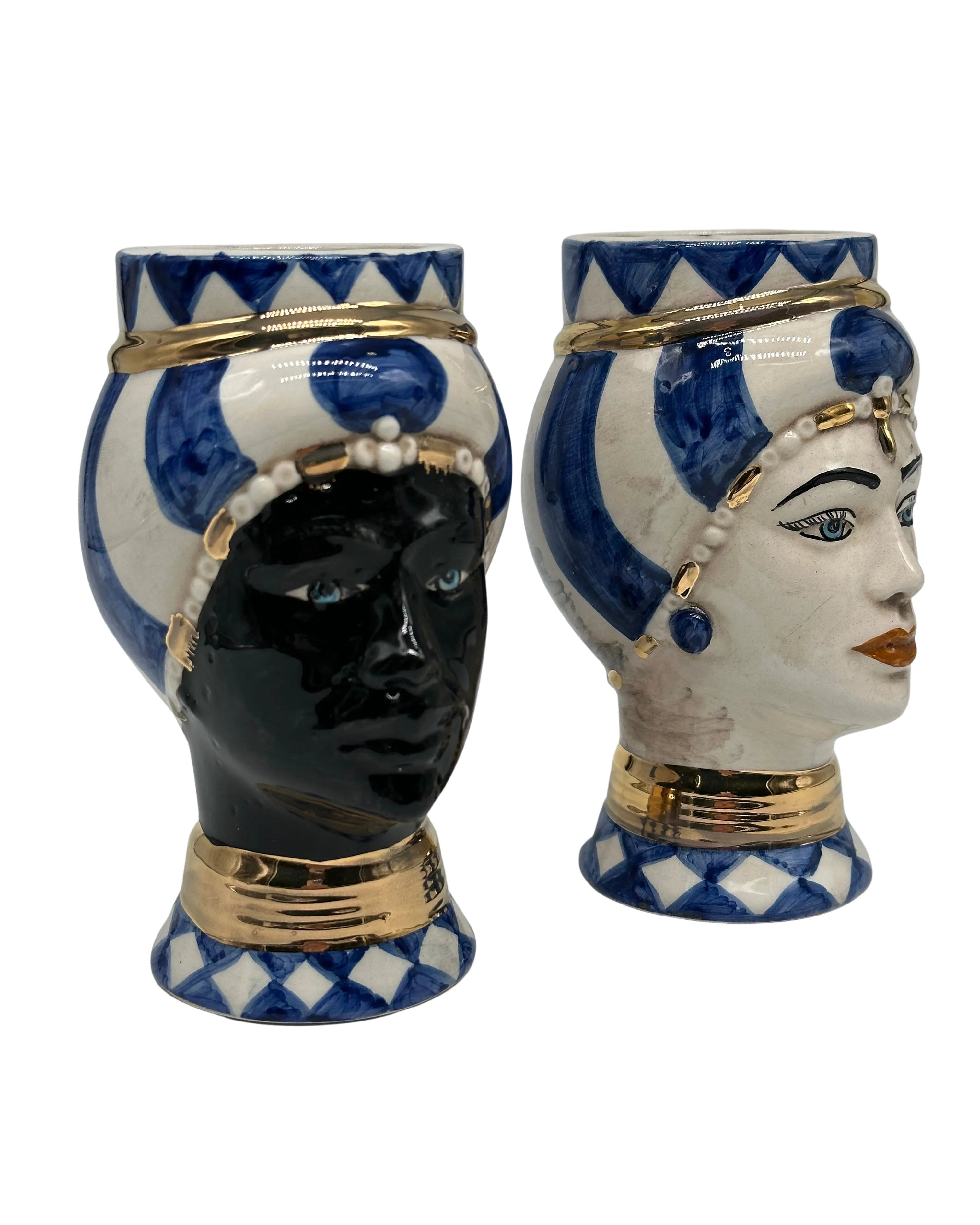 Coppia Teste di Moro Token Ceramica Caltagirone cm H.14 L.8 Artigianale VARI COLORI DD CERAMICHE SICILIANE